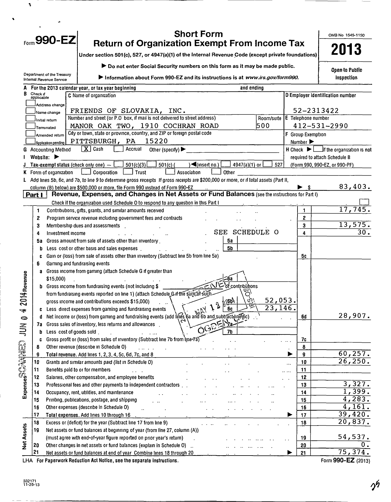 Image of first page of 2013 Form 990EO for Friends of Slovakia