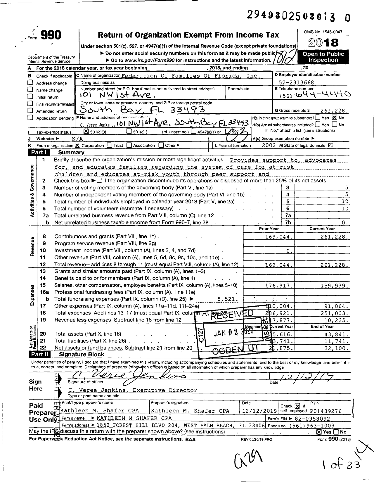 Image of first page of 2018 Form 990 for Federation Of Families Of Florida