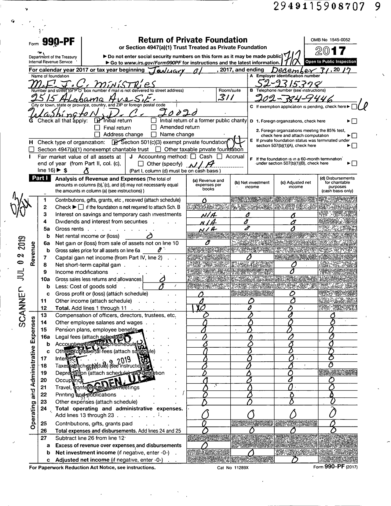 Image of first page of 2017 Form 990PF for M F I C Ministries