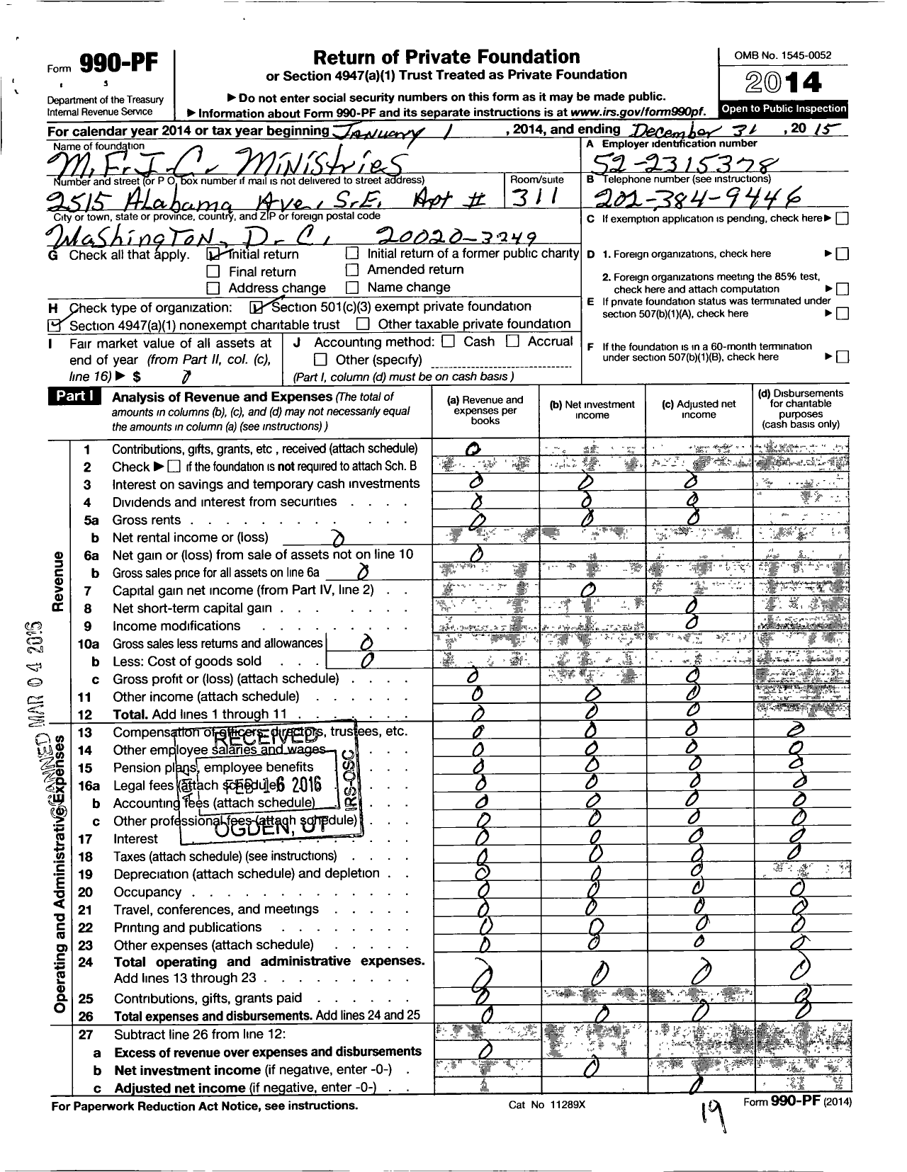 Image of first page of 2015 Form 990PF for M F I C Ministries