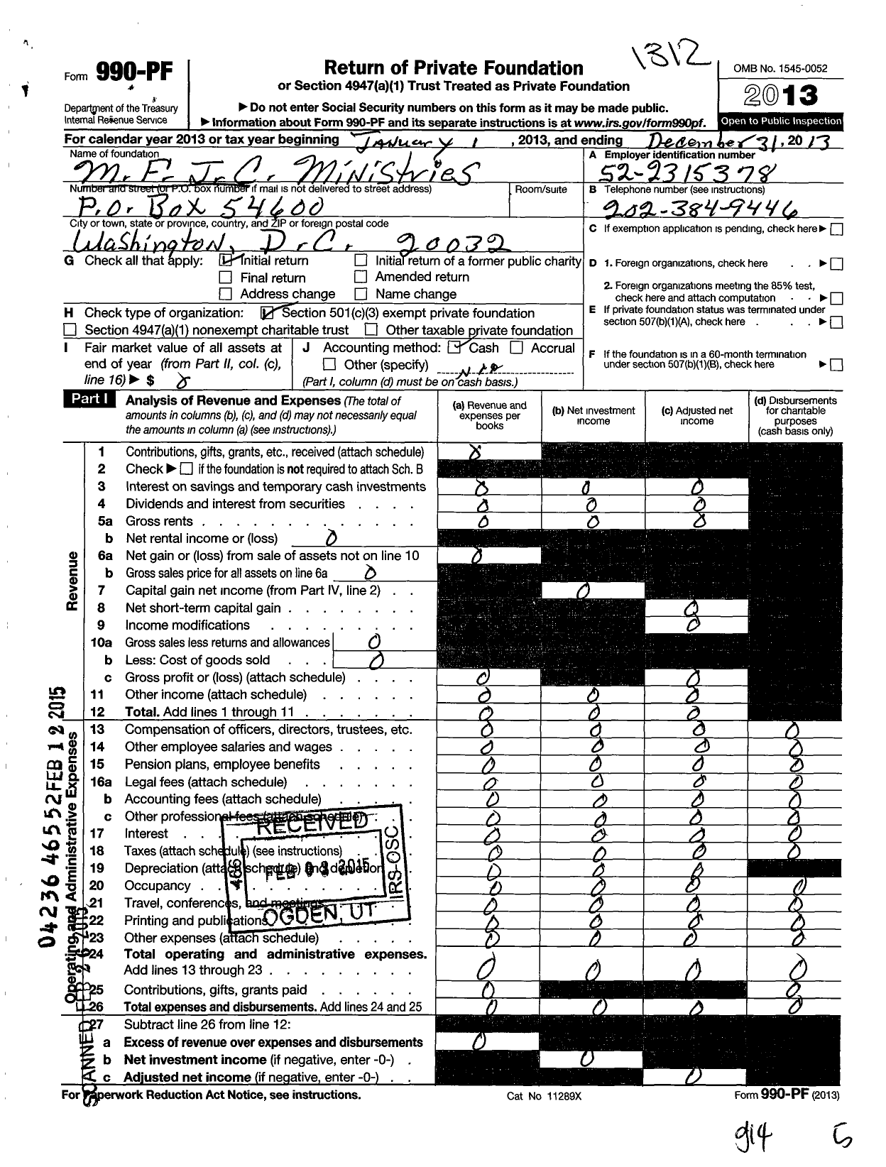 Image of first page of 2013 Form 990PF for M F I C Ministries