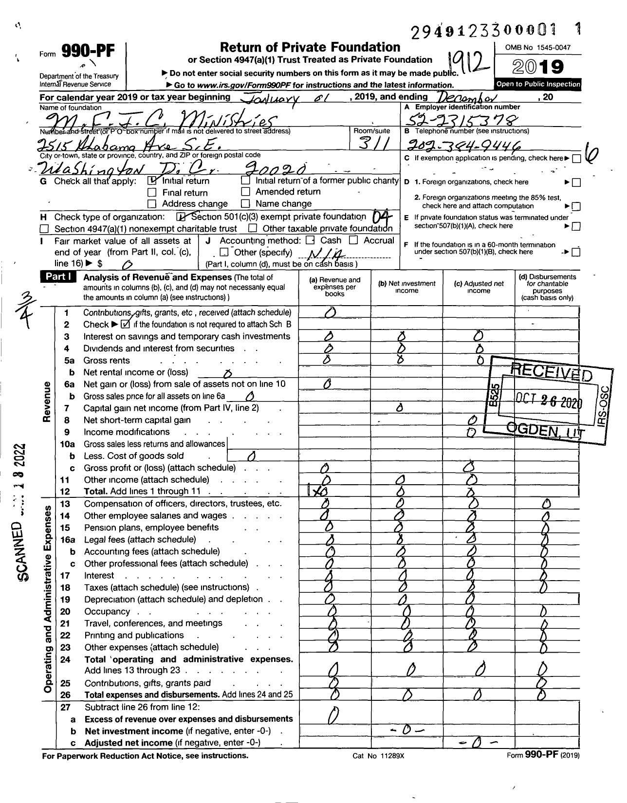 Image of first page of 2019 Form 990PF for M F I C Ministries