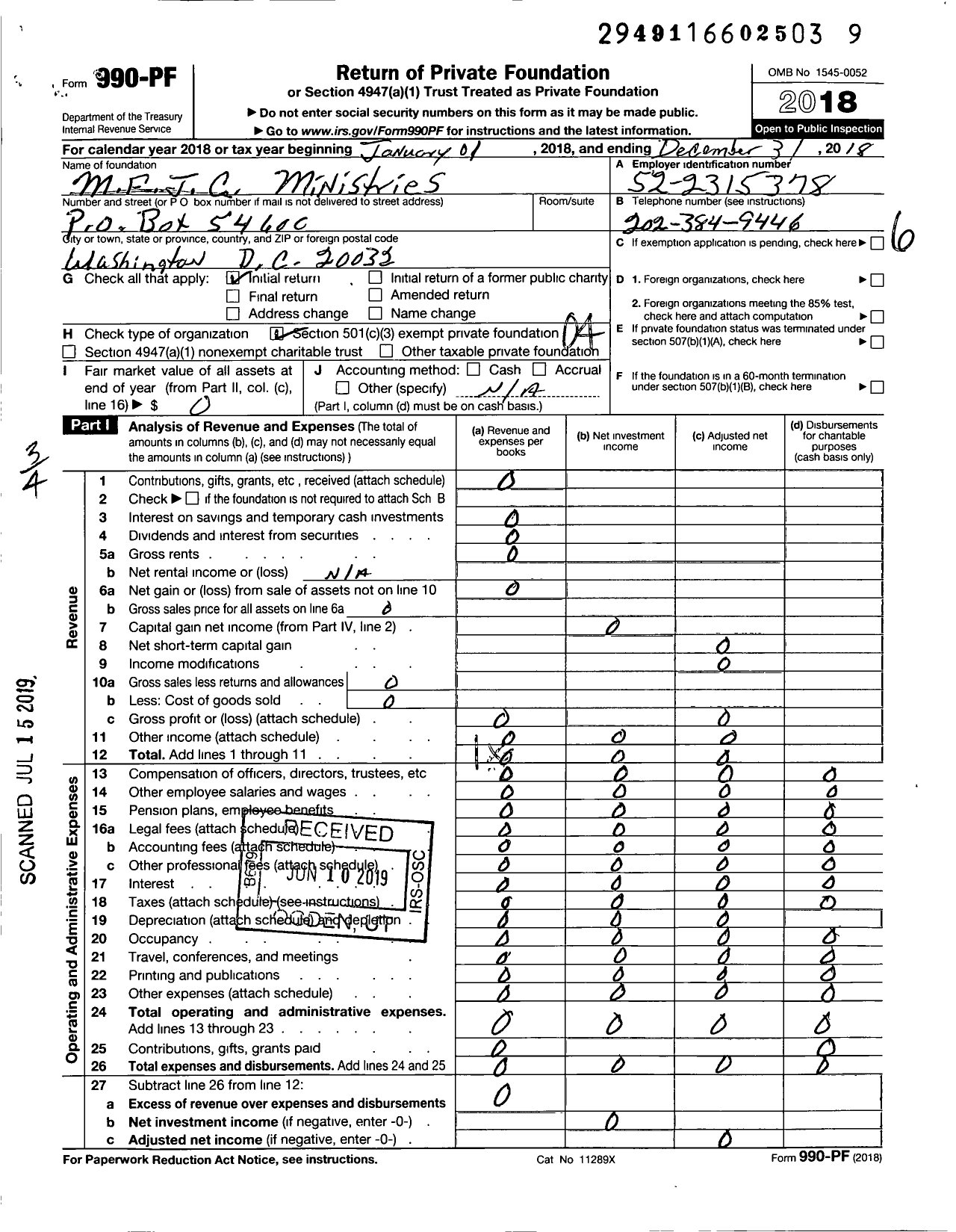 Image of first page of 2018 Form 990PF for M F I C Ministries