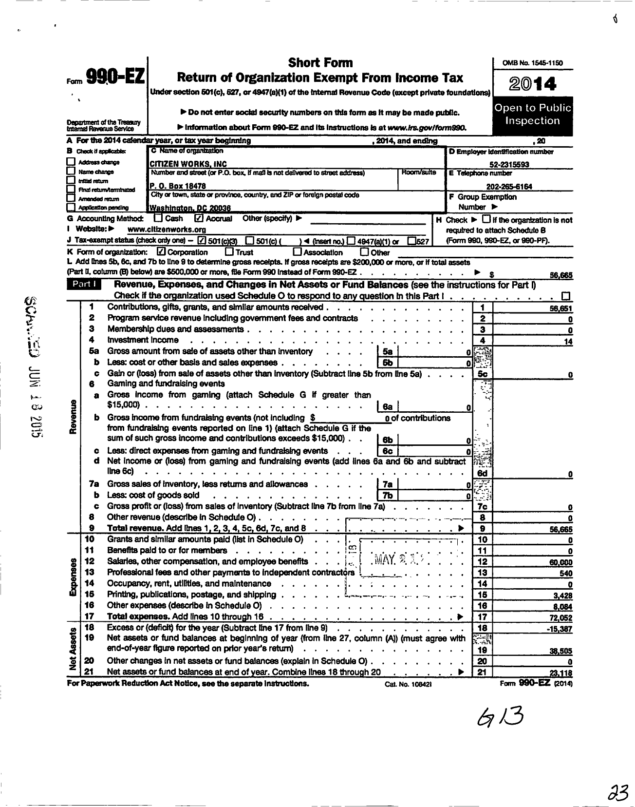 Image of first page of 2014 Form 990EZ for Citizen Works