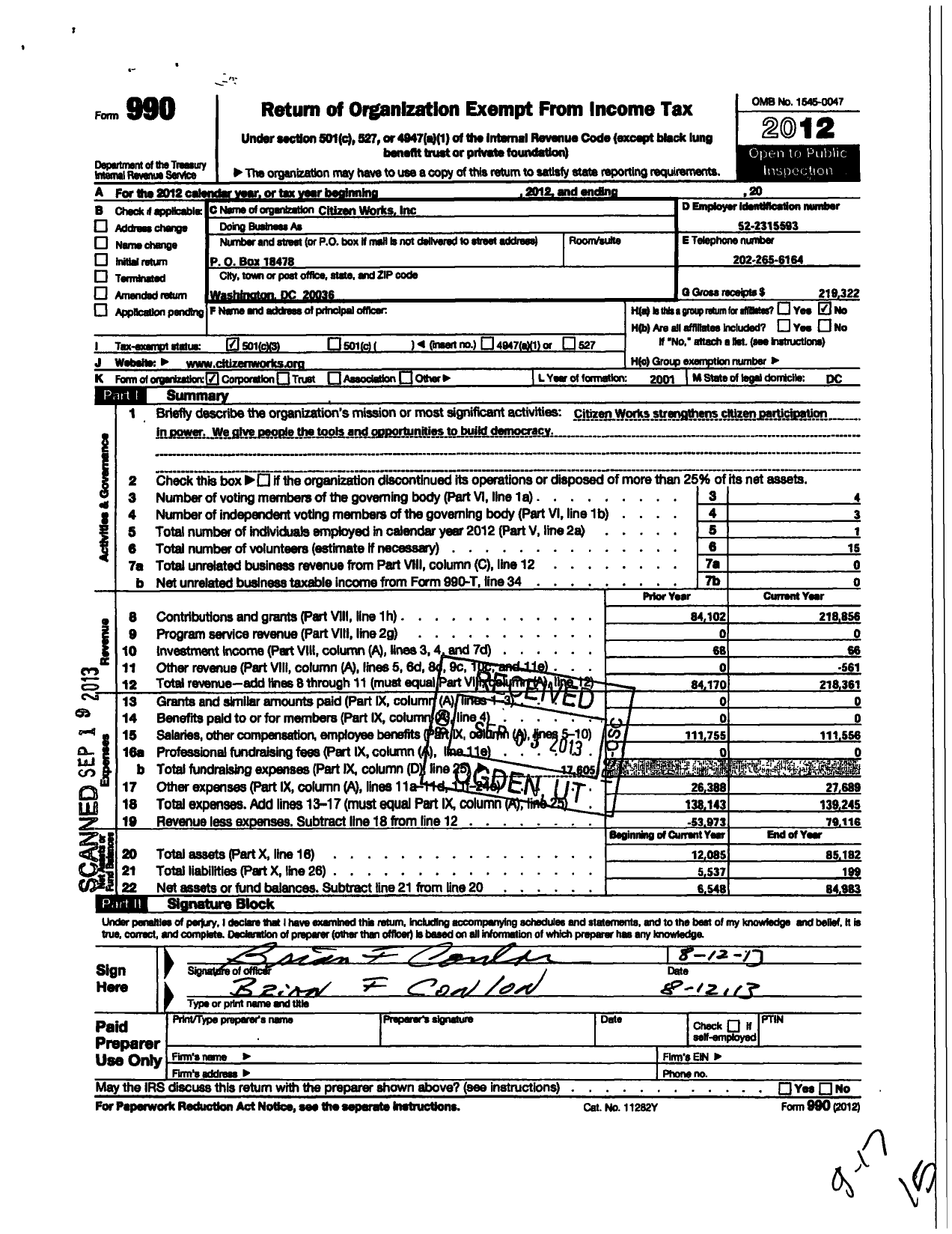 Image of first page of 2012 Form 990 for Citizen Works