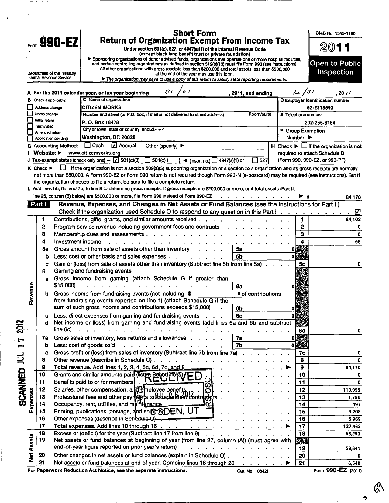 Image of first page of 2011 Form 990EZ for Citizen Works