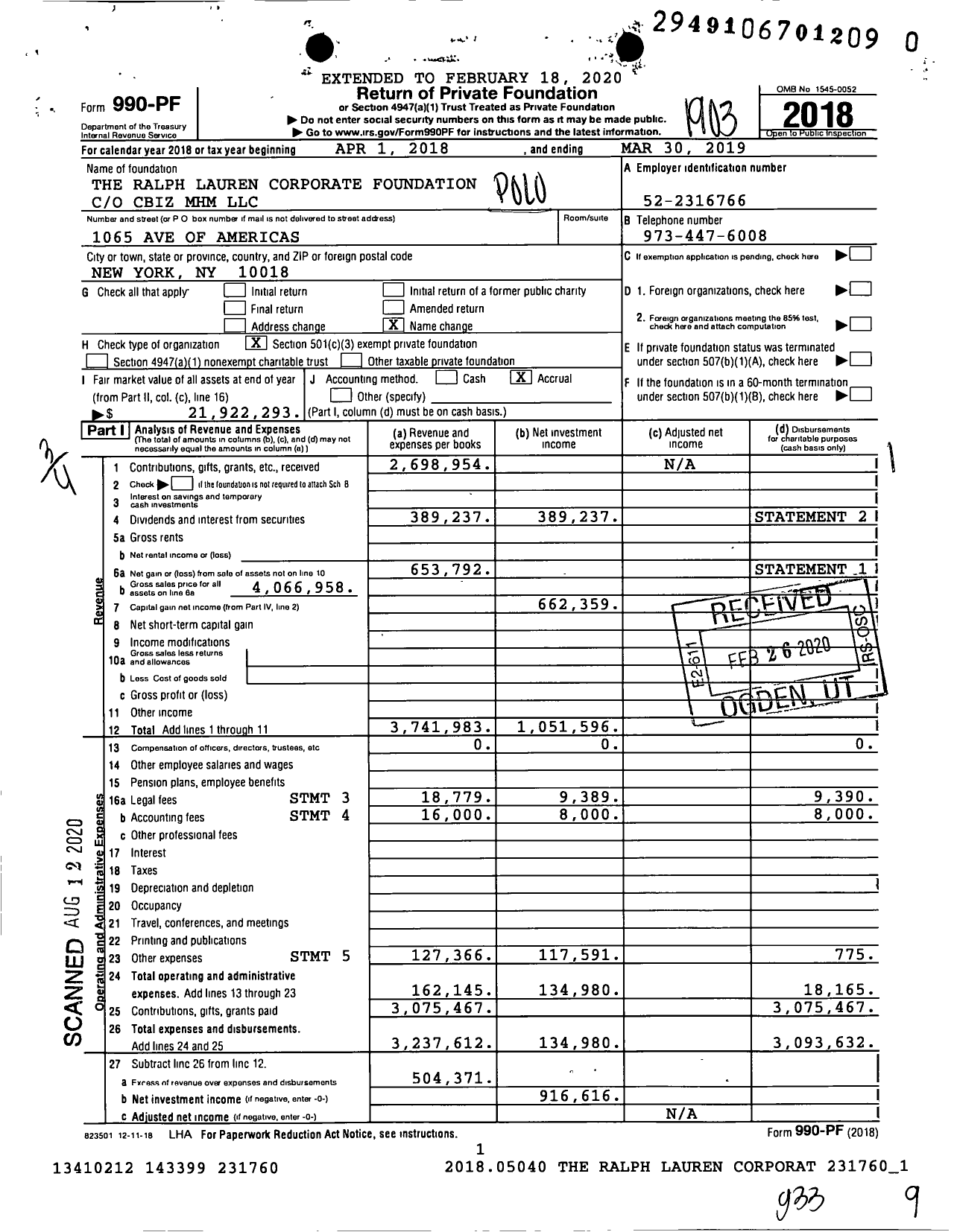 Image of first page of 2018 Form 990PR for The Ralph Lauren Corporate Foundation