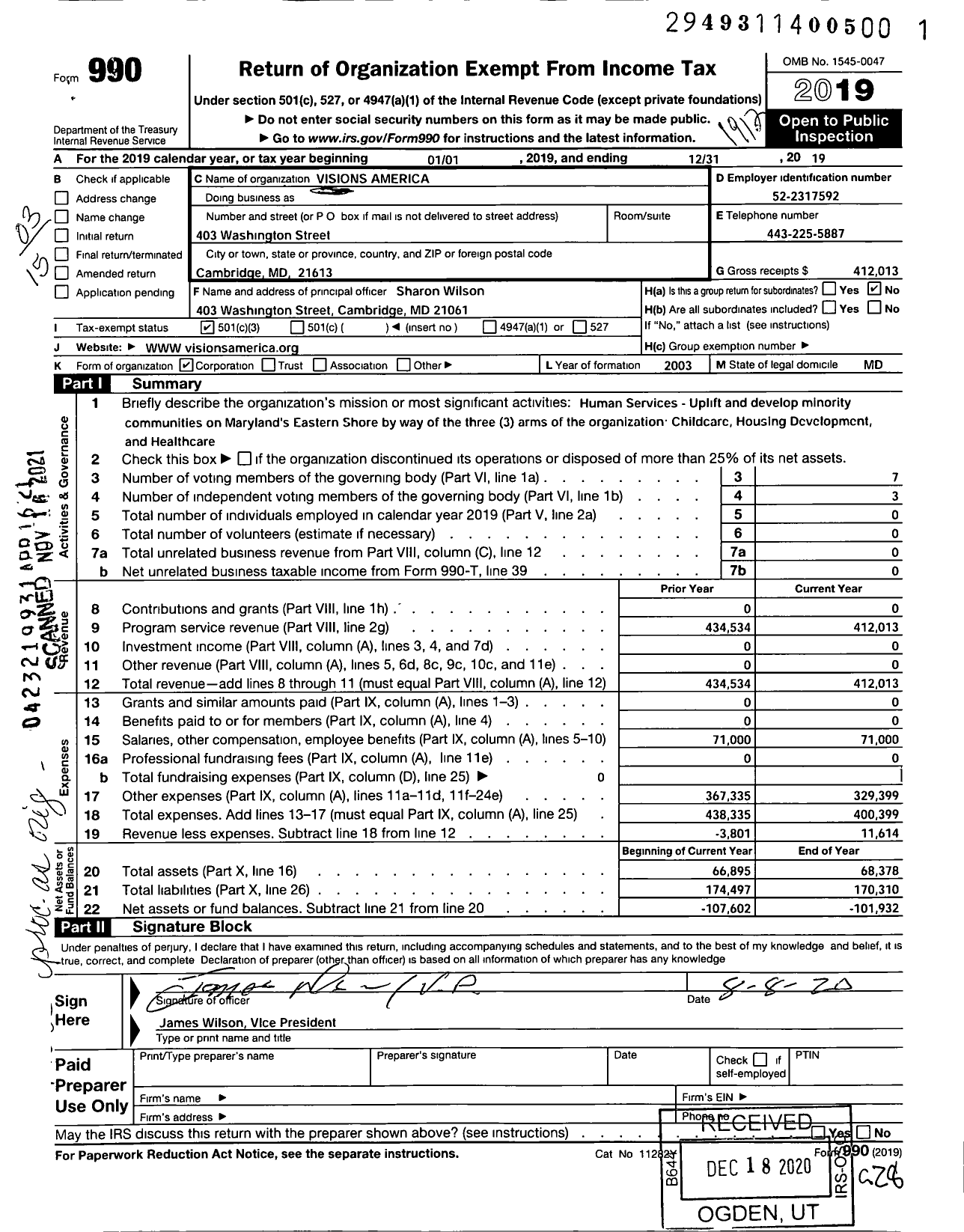 Image of first page of 2019 Form 990 for Visions America CDC