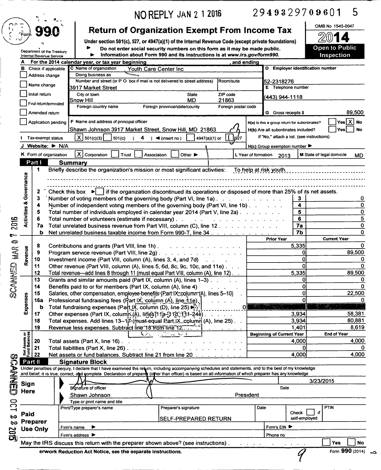 Image of first page of 2014 Form 990 for Youth Care Center