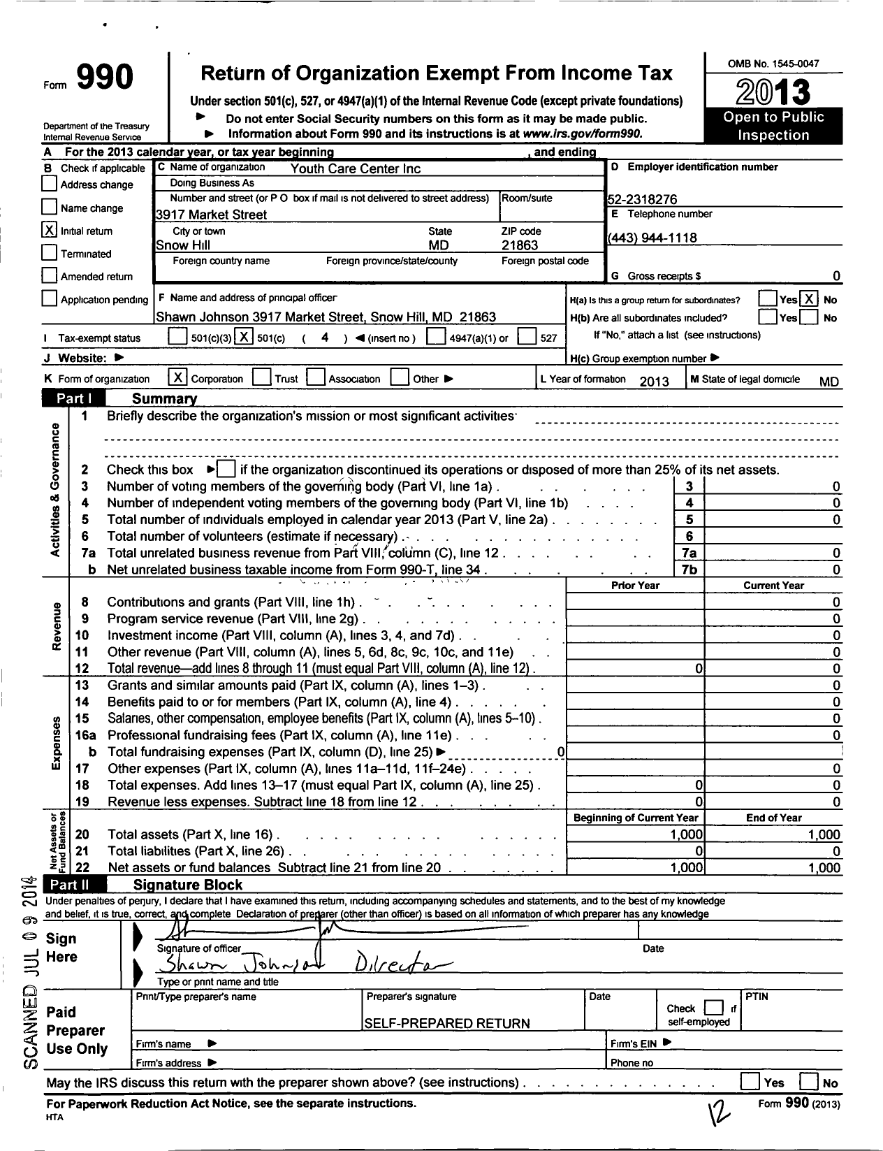 Image of first page of 2013 Form 990O for Youth Care Center