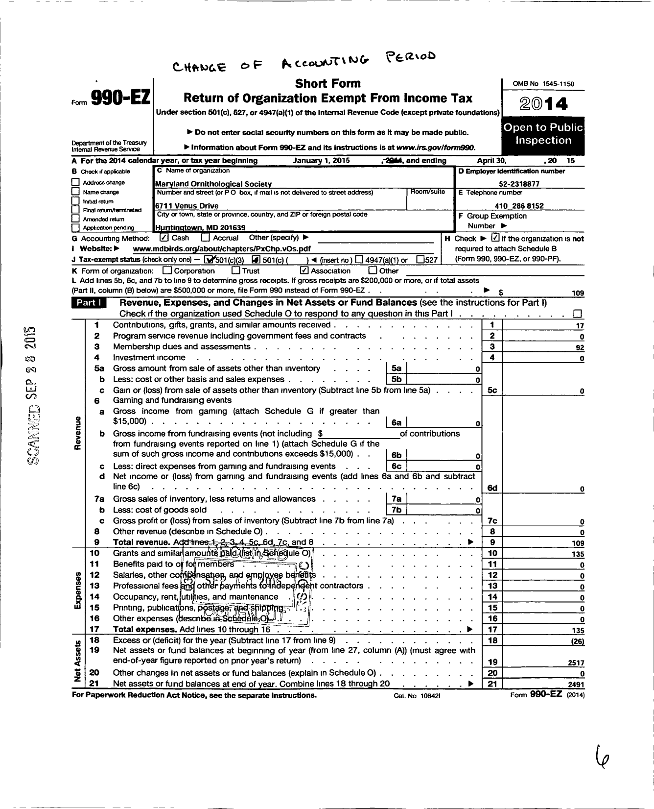 Image of first page of 2014 Form 990EZ for Maryland Ornithological Society / Patuxent Bird Club