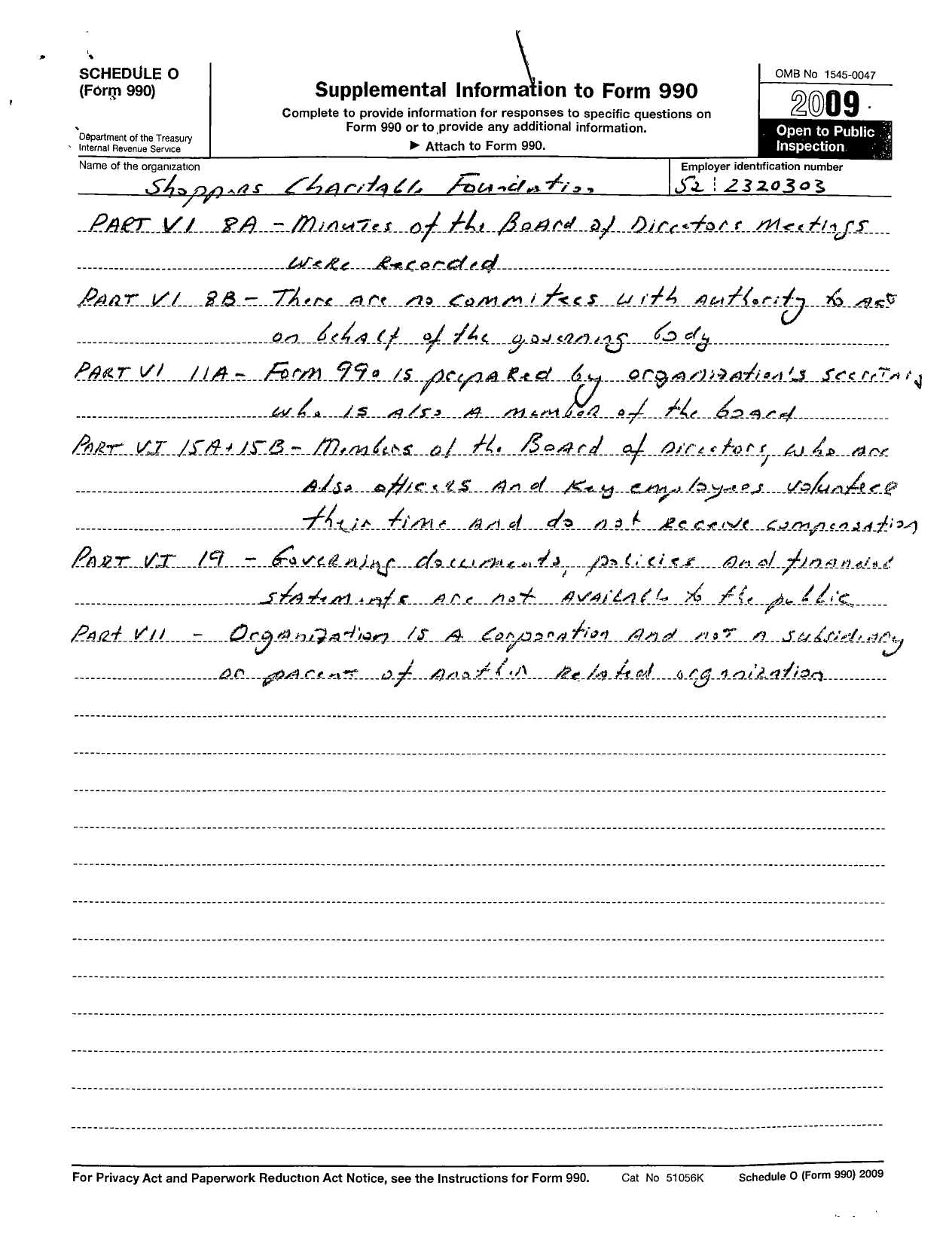 Image of first page of 2009 Form 990R for Shoppers Charitable Foundation