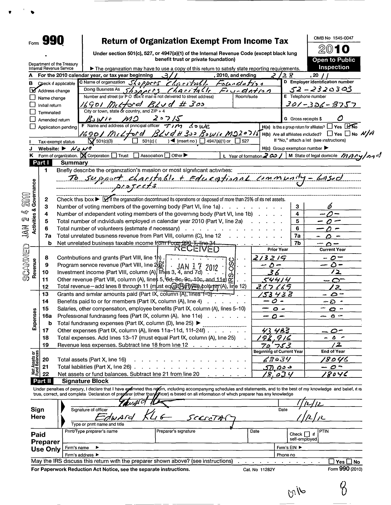 Image of first page of 2010 Form 990 for Shoppers Charitable Foundation
