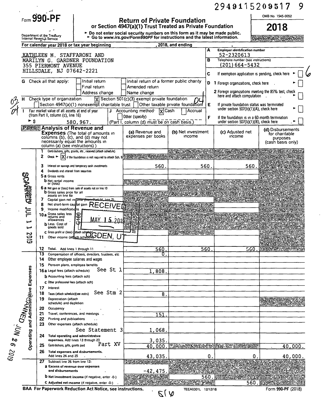 Image of first page of 2018 Form 990PF for Kathleen M Staffaroni and Marilyn G Gardner Foundation