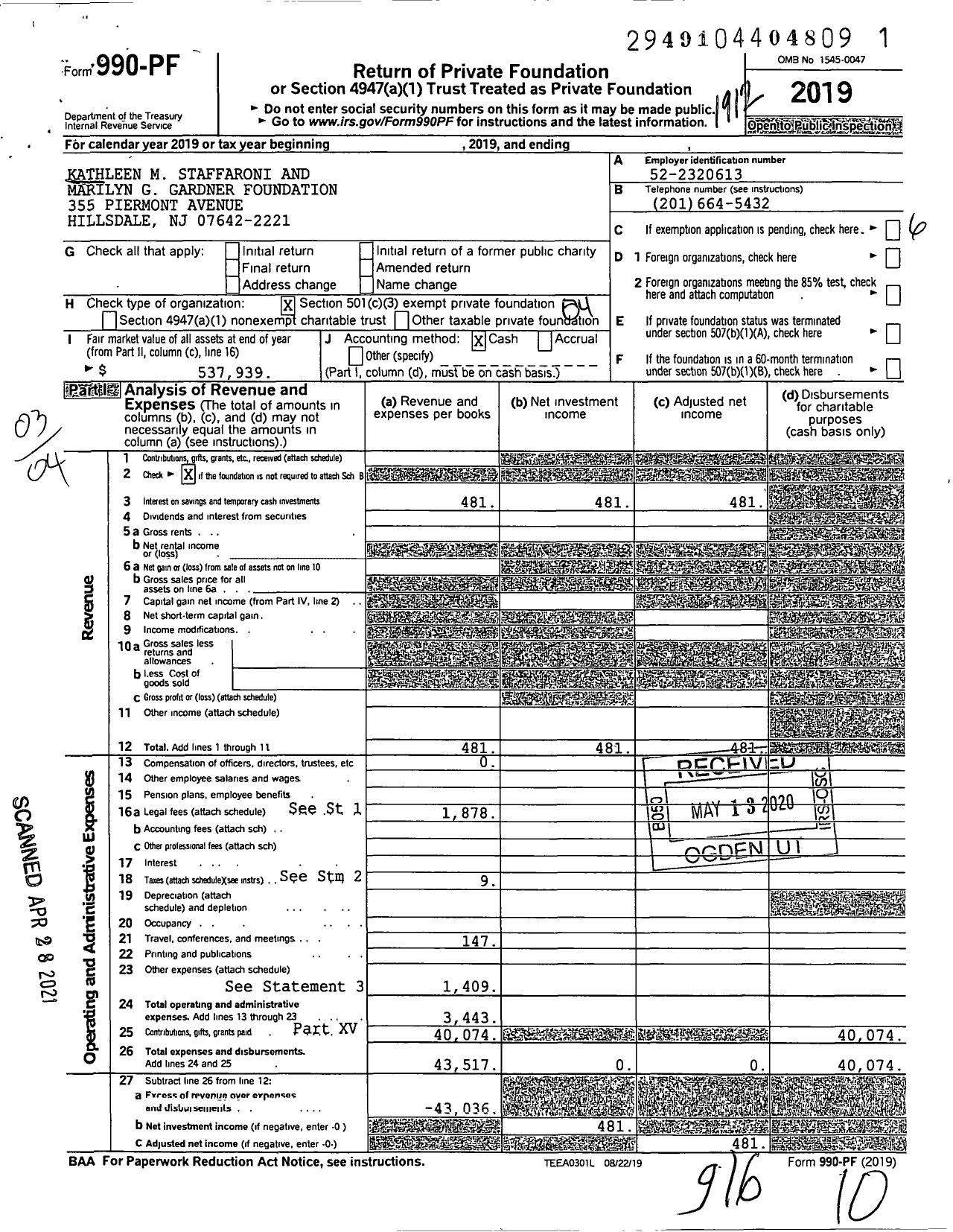 Image of first page of 2019 Form 990PF for Kathleen M Staffaroni and Marilyn G Gardner Foundation