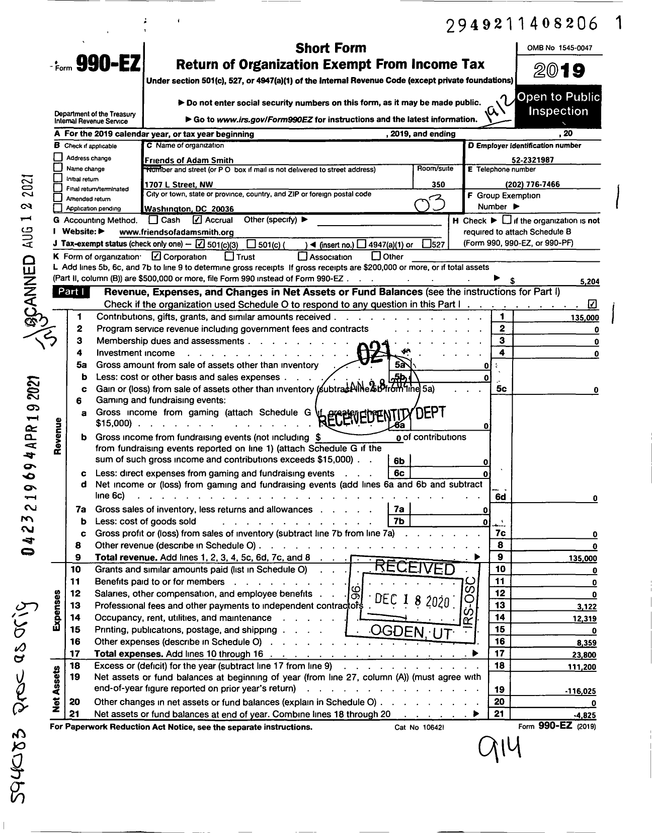 Image of first page of 2019 Form 990EZ for Friends of Adam Smith