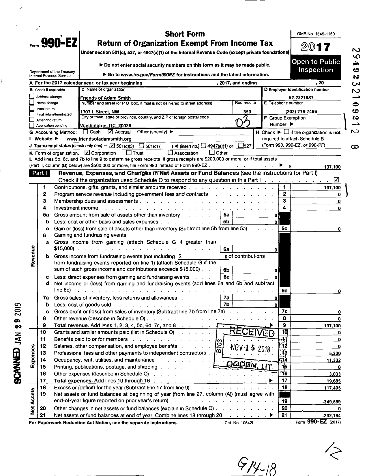 Image of first page of 2017 Form 990EZ for Friends of Adam Smith