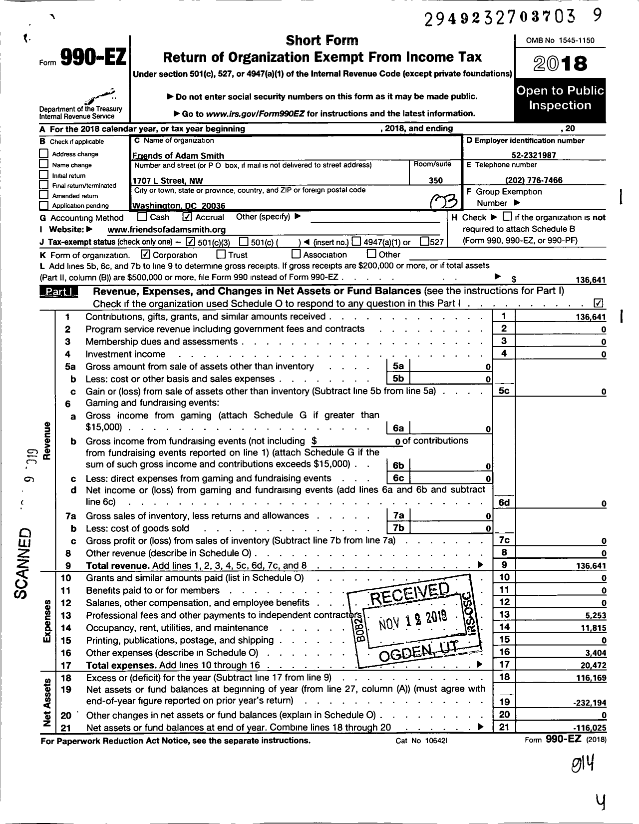 Image of first page of 2018 Form 990EZ for Friends of Adam Smith