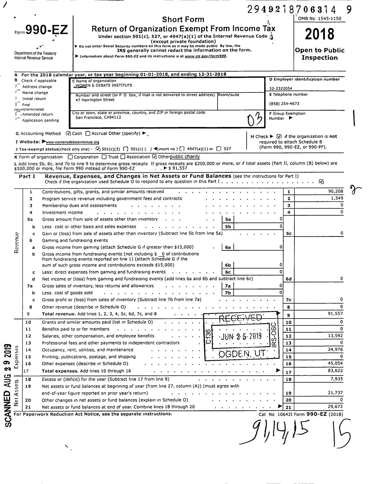 Image of first page of 2018 Form 990EZ for Women S Debate Institute