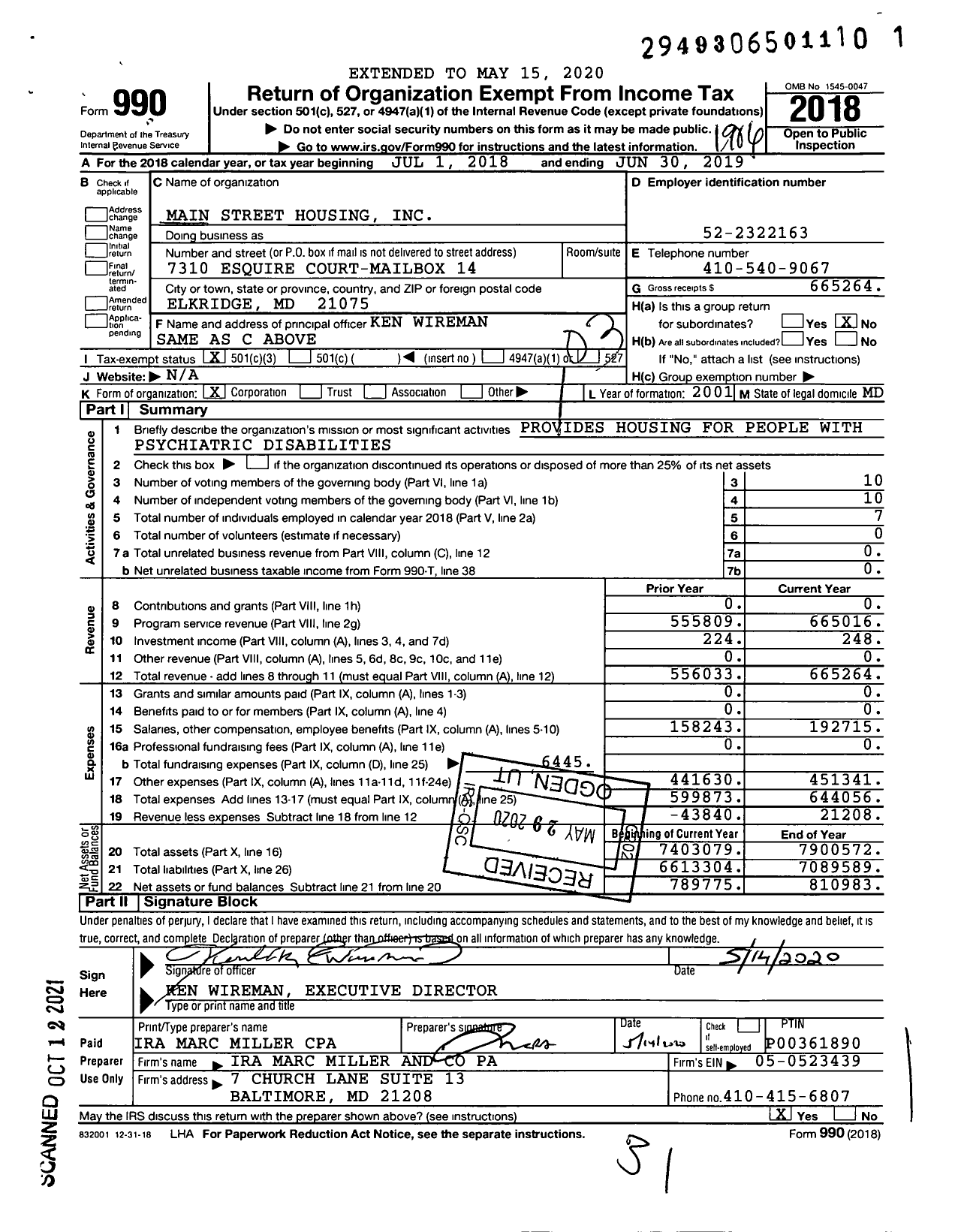 Image of first page of 2018 Form 990 for Main Street Housing