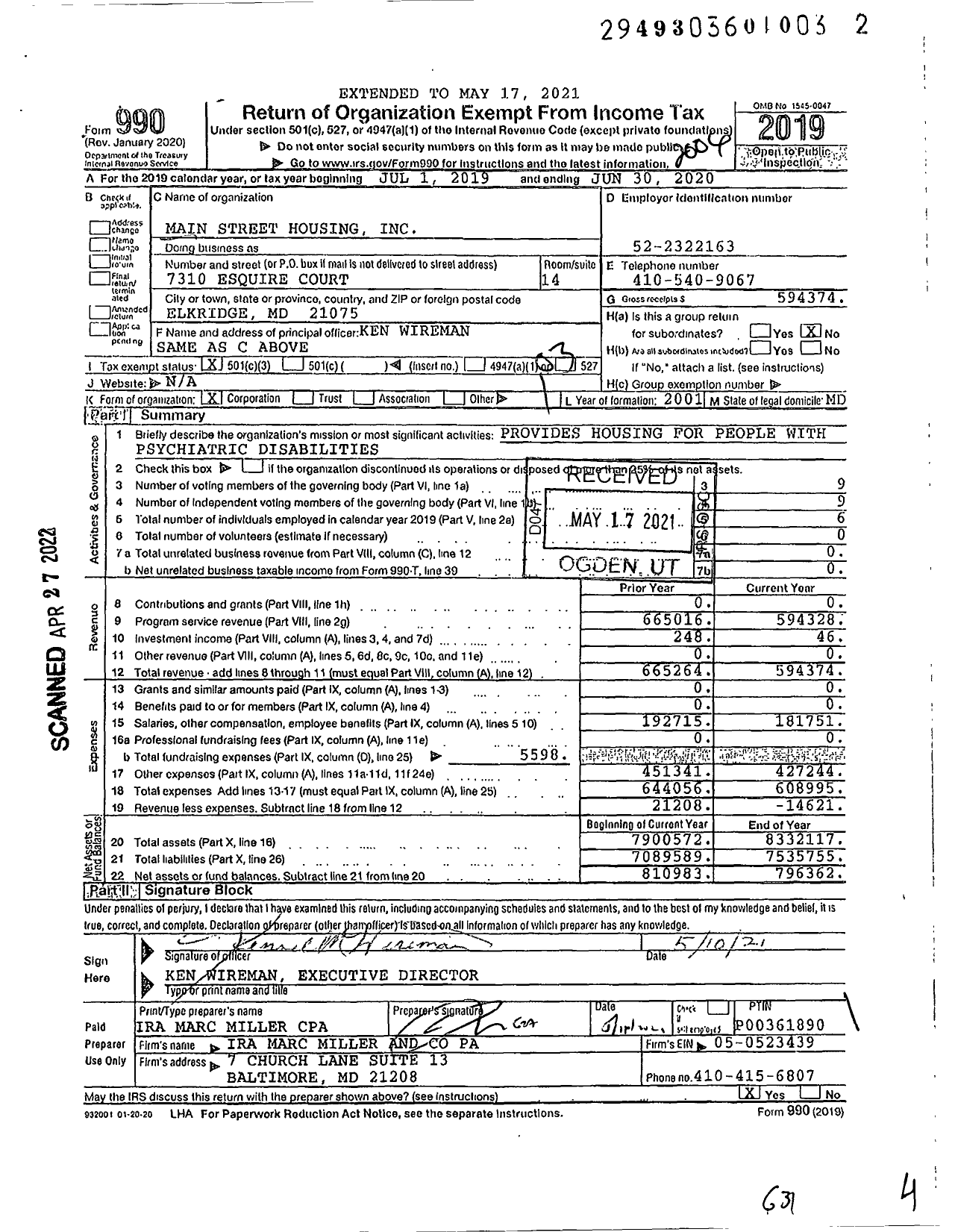Image of first page of 2019 Form 990 for Main Street Housing
