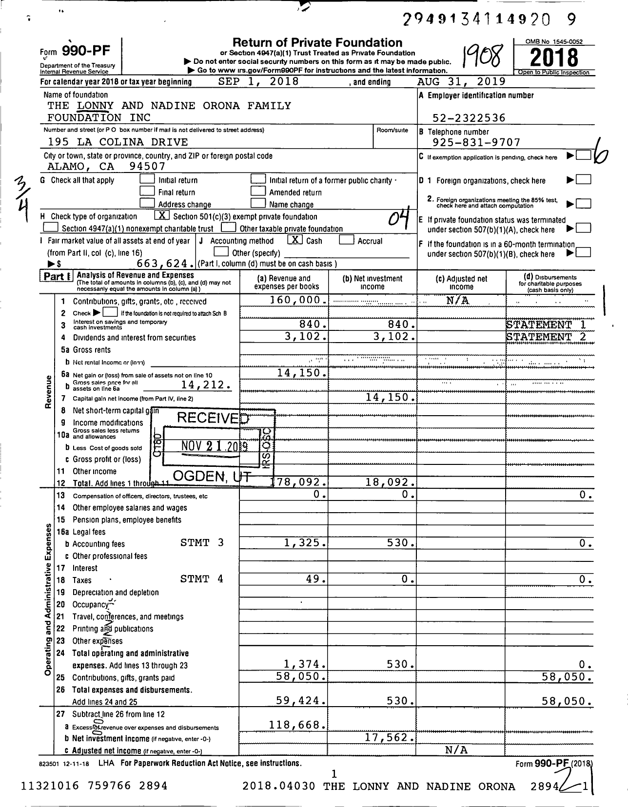 Image of first page of 2018 Form 990PF for The Lonny and Nadyne Orona Family Foundation