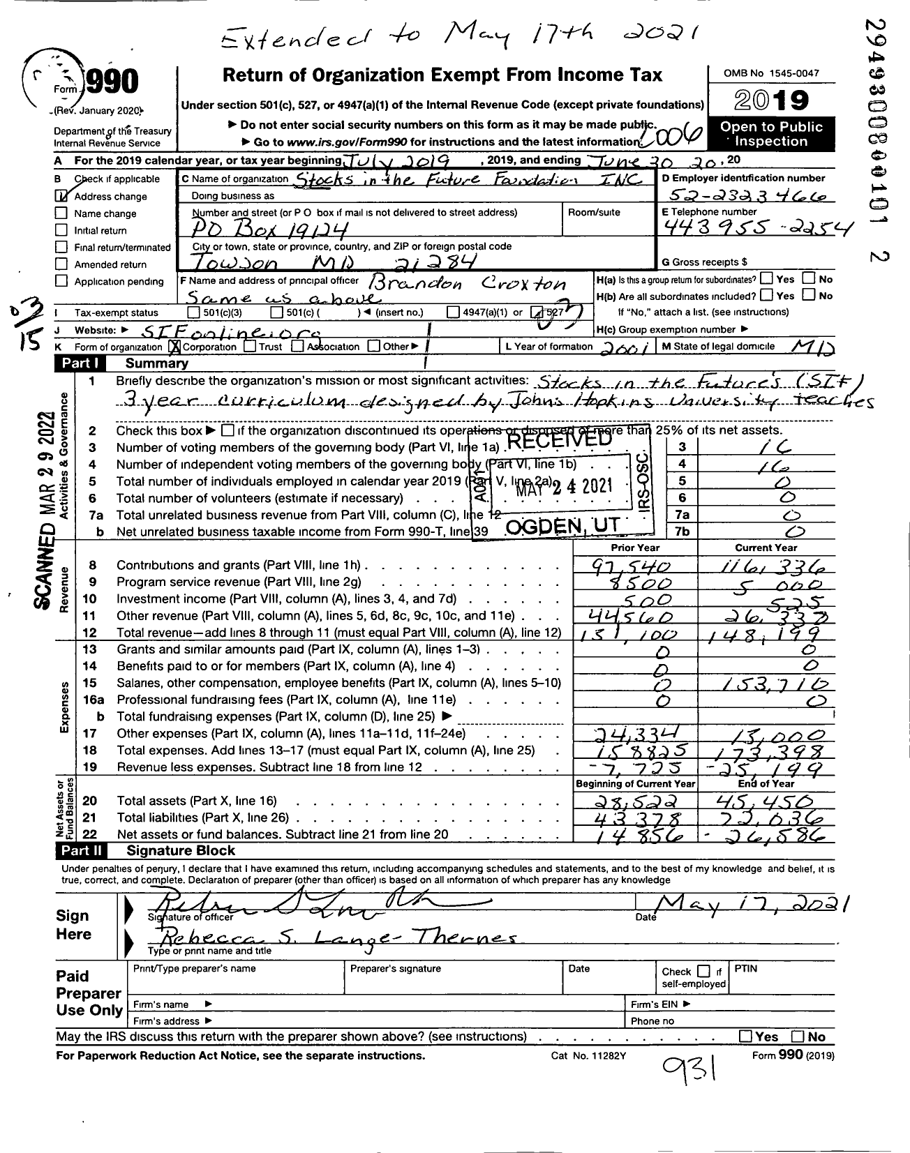 Image of first page of 2019 Form 990 for Stocks in the Future Foundation