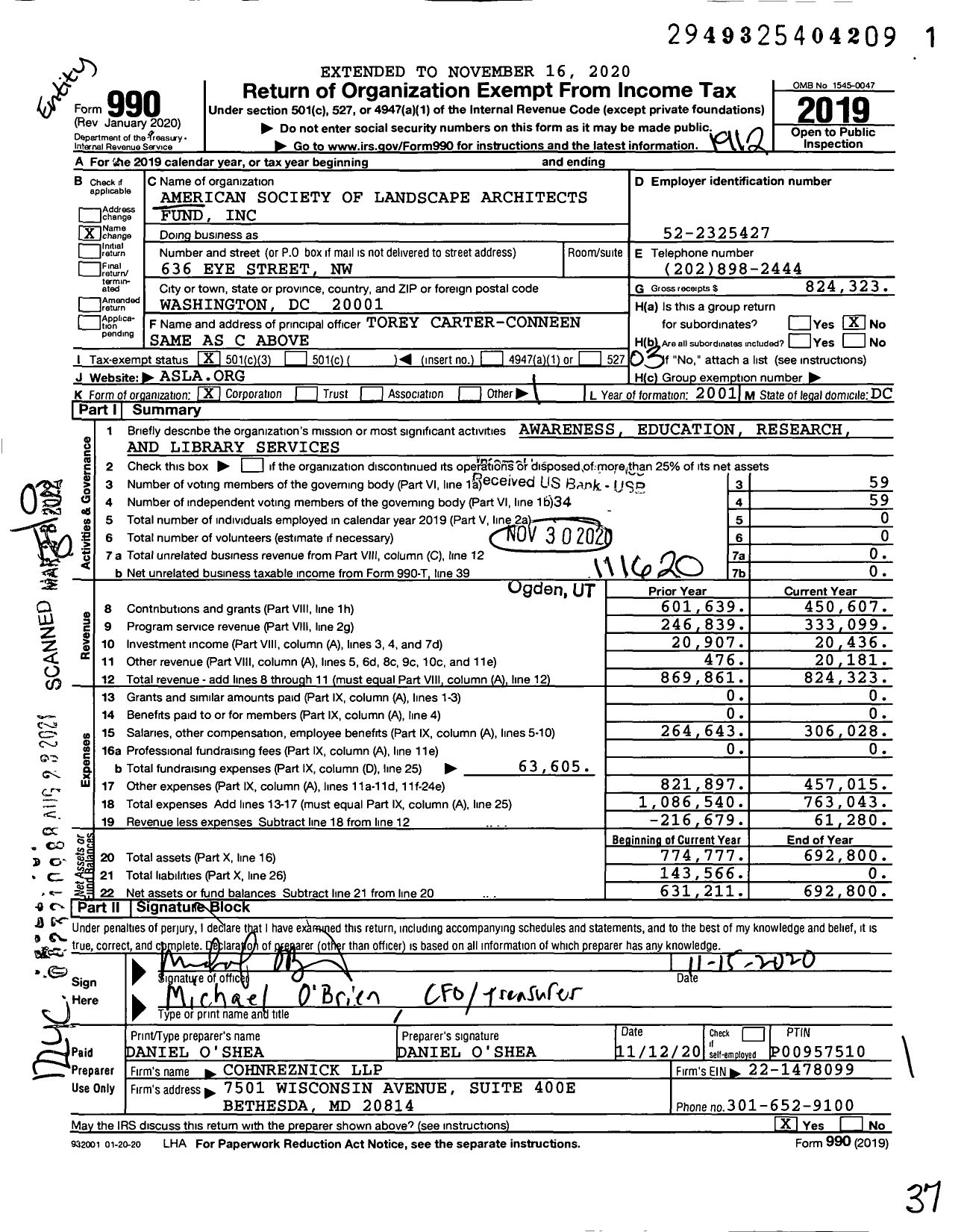 Image of first page of 2019 Form 990 for American Society of Landscape Architects Fund