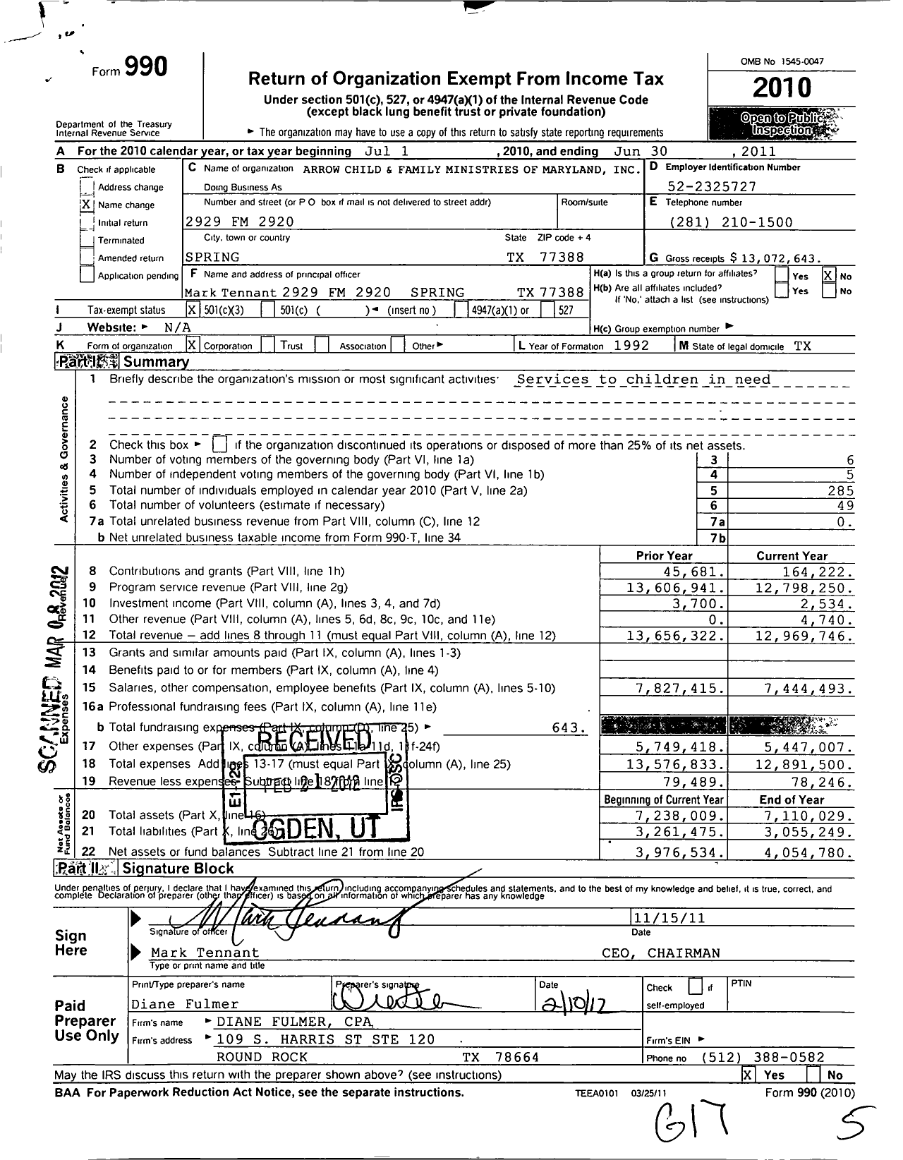 Image of first page of 2010 Form 990 for Arrow Child and Family Ministries of Maryland
