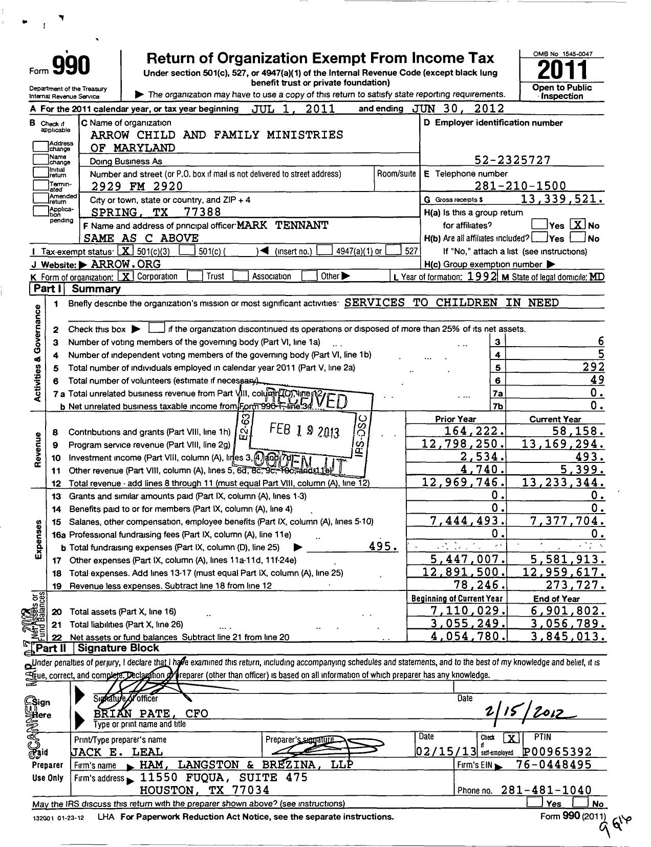 Image of first page of 2011 Form 990 for Arrow Child and Family Ministries of Maryland