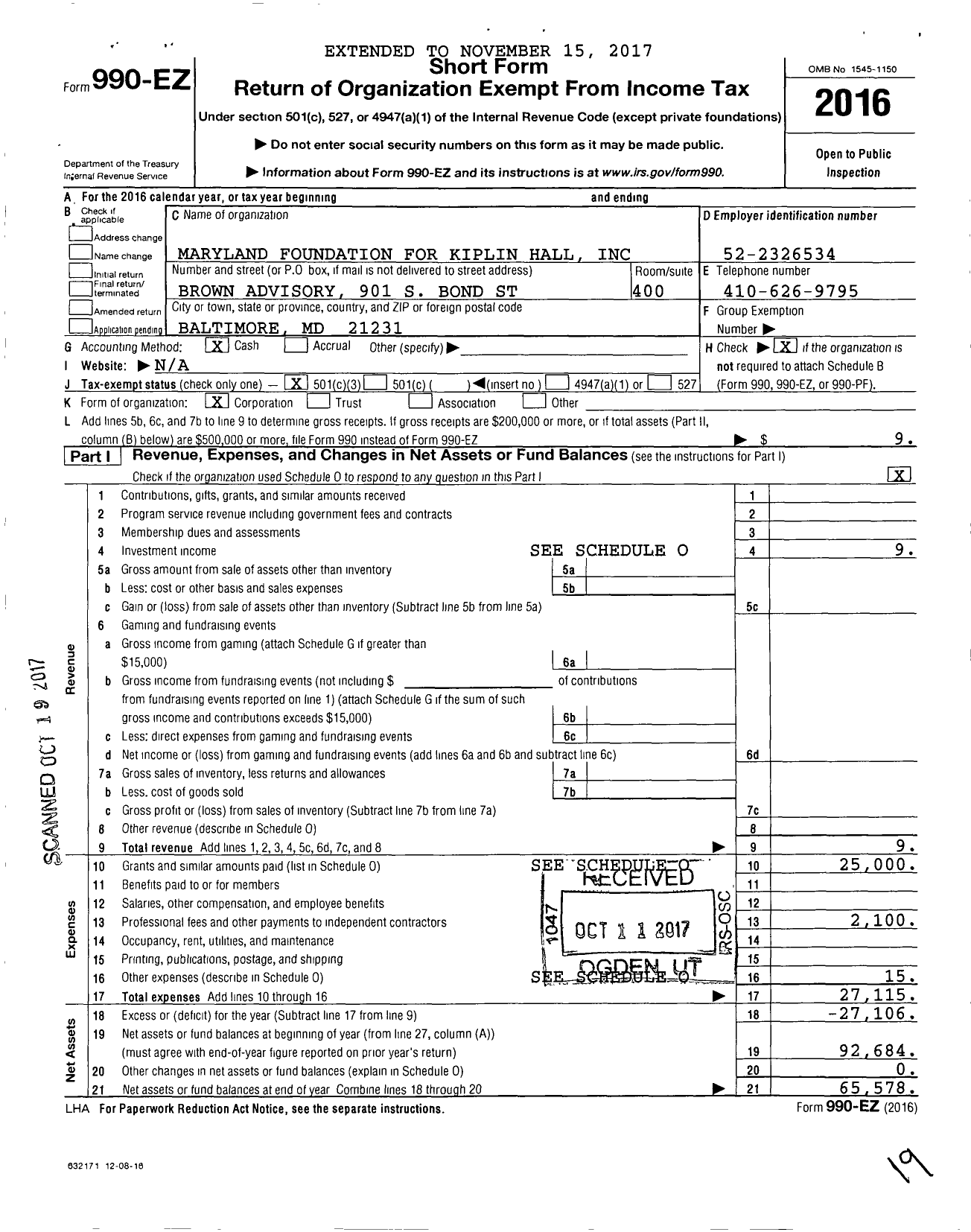 Image of first page of 2016 Form 990EZ for Maryland Foundation for Kiplin Hall