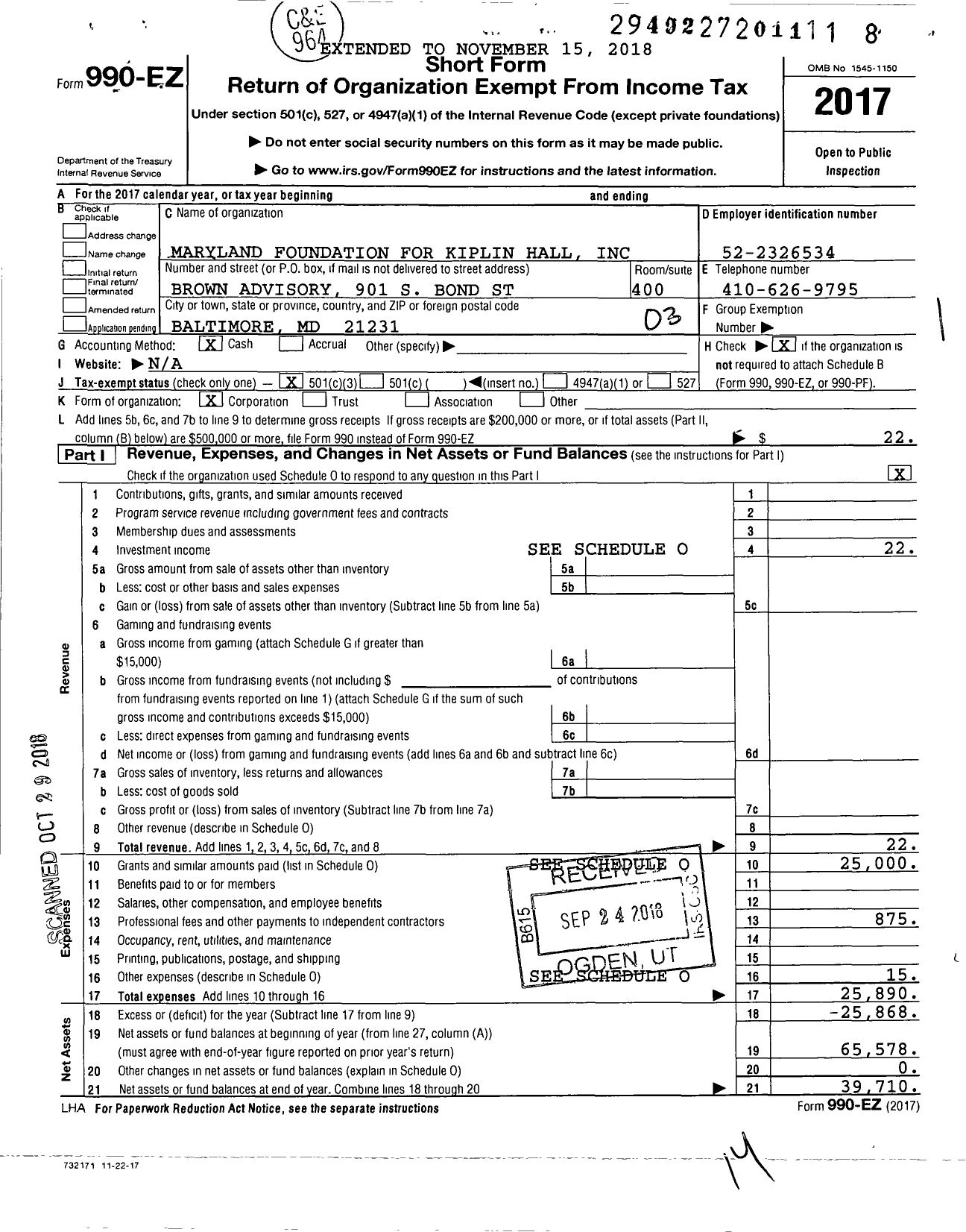 Image of first page of 2017 Form 990EZ for Maryland Foundation for Kiplin Hall