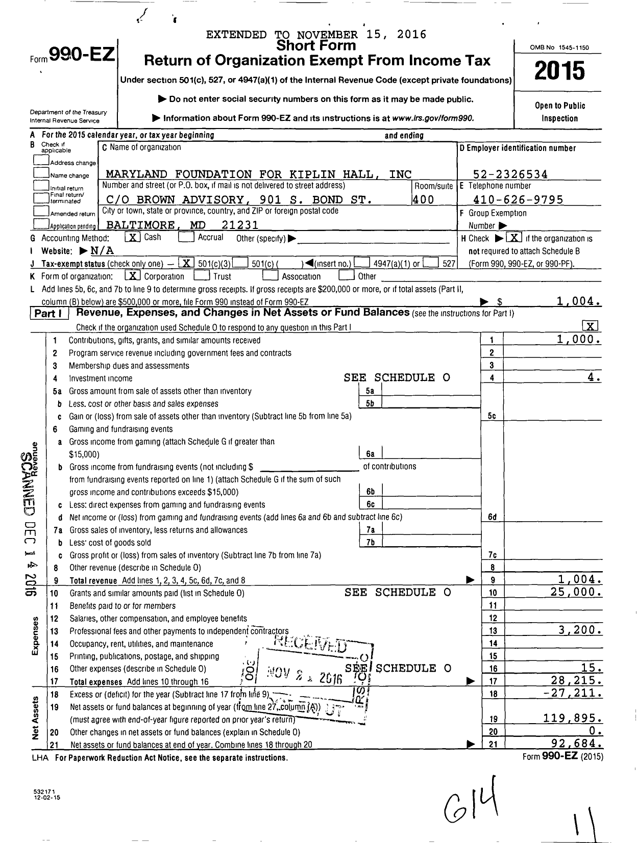 Image of first page of 2015 Form 990EZ for Maryland Foundation for Kiplin Hall