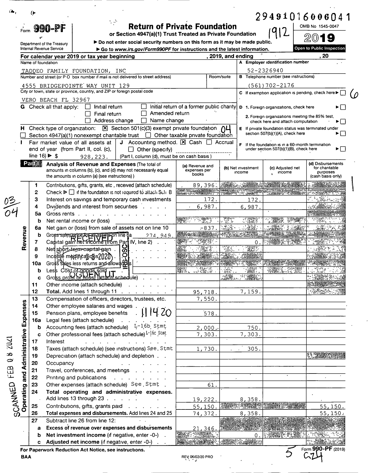 Image of first page of 2019 Form 990PF for Taddeo Family Foundation