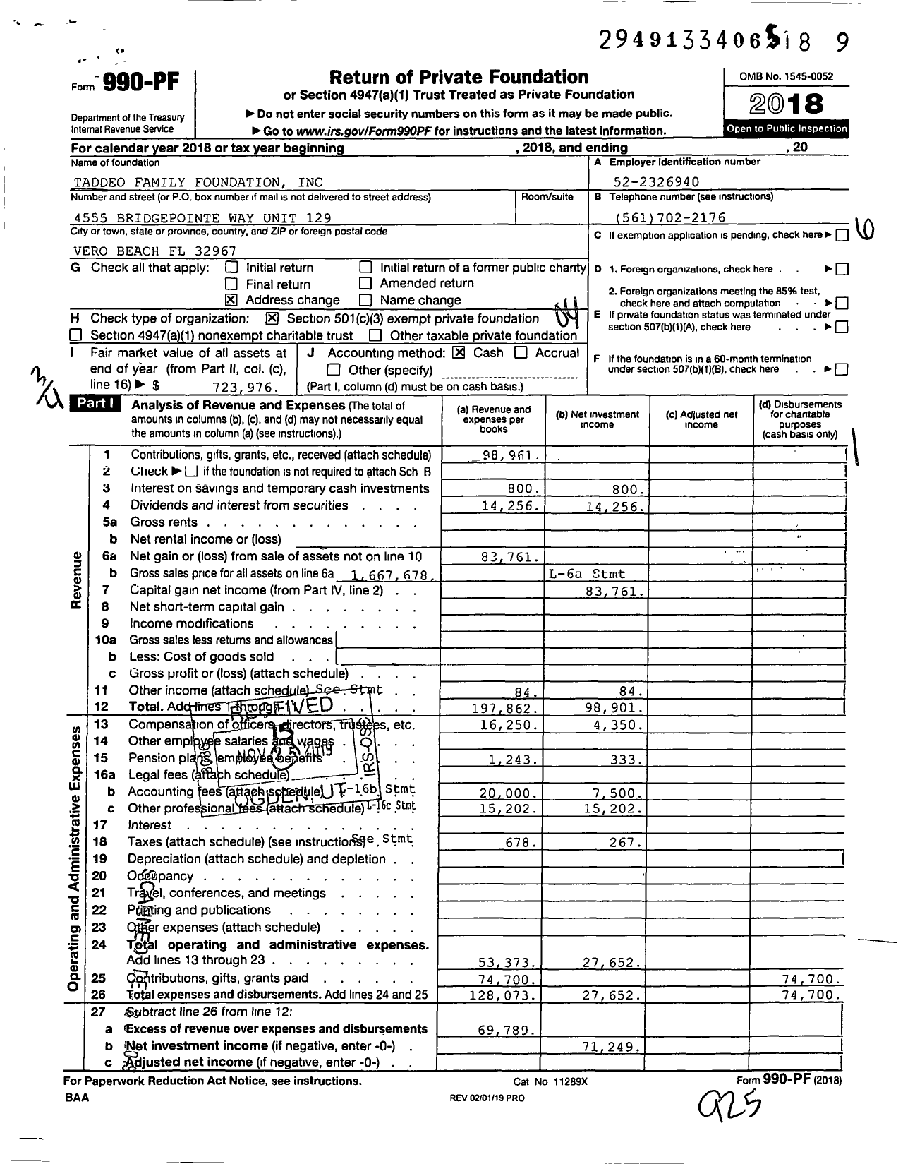 Image of first page of 2018 Form 990PF for Taddeo Family Foundation