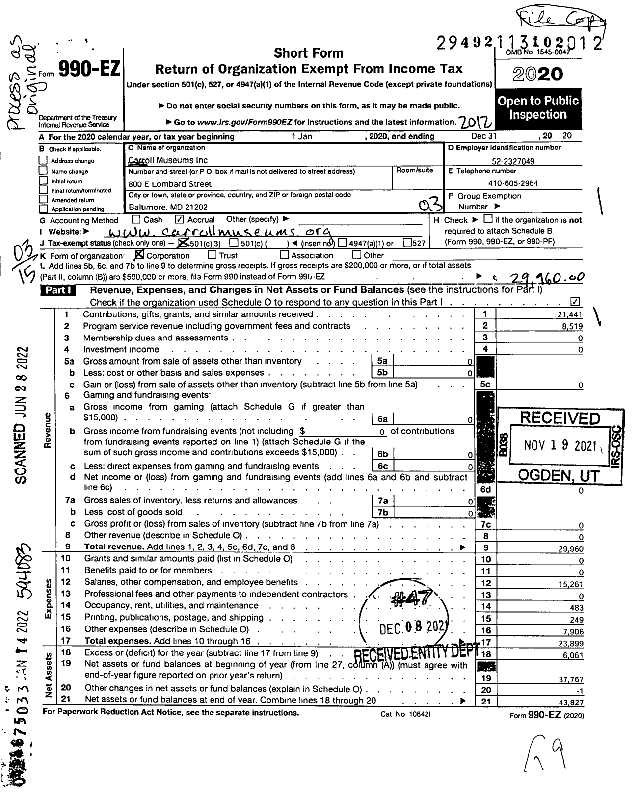 Image of first page of 2020 Form 990EZ for Carroll Museums