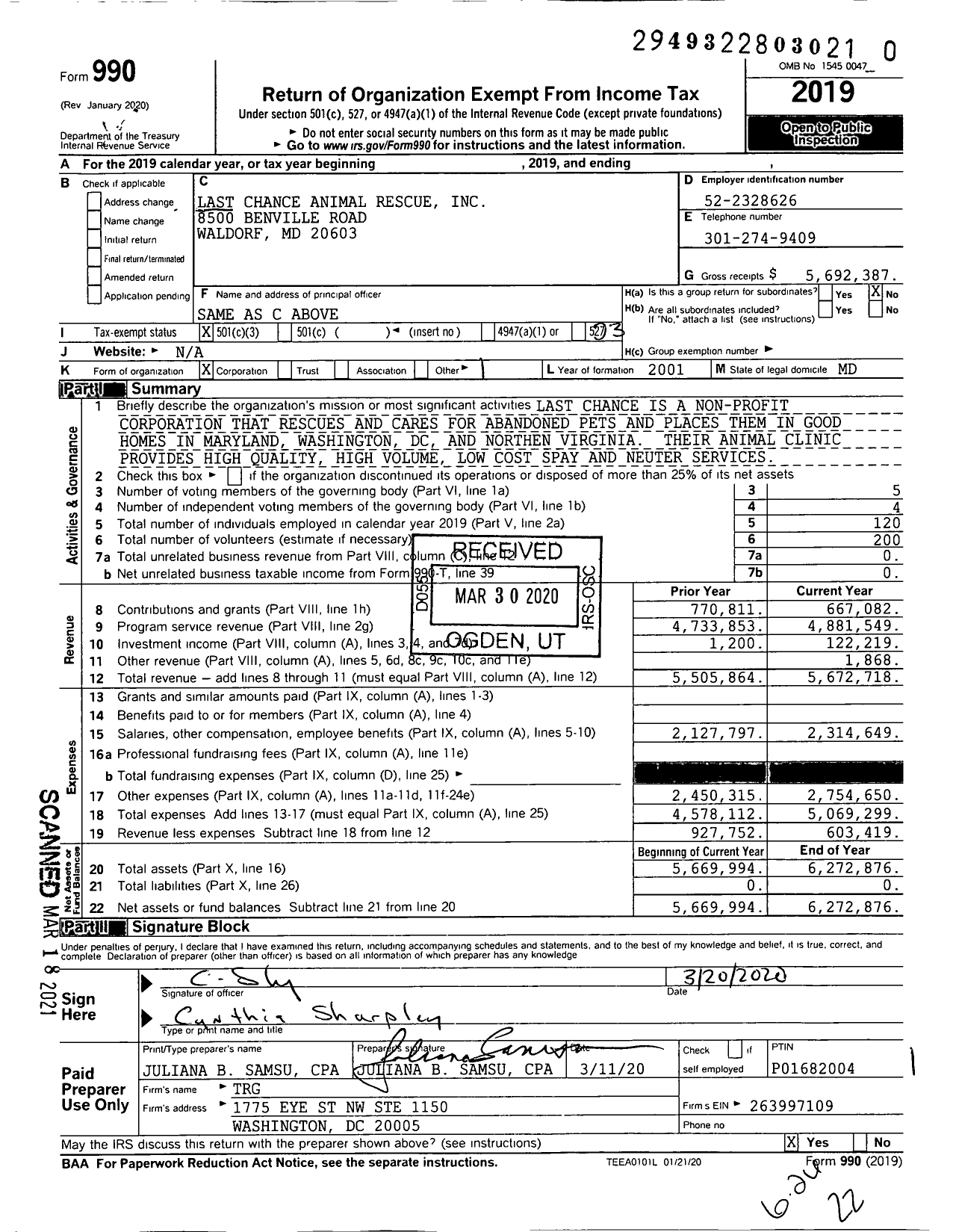 Image of first page of 2019 Form 990 for Last Chance Animal Rescue