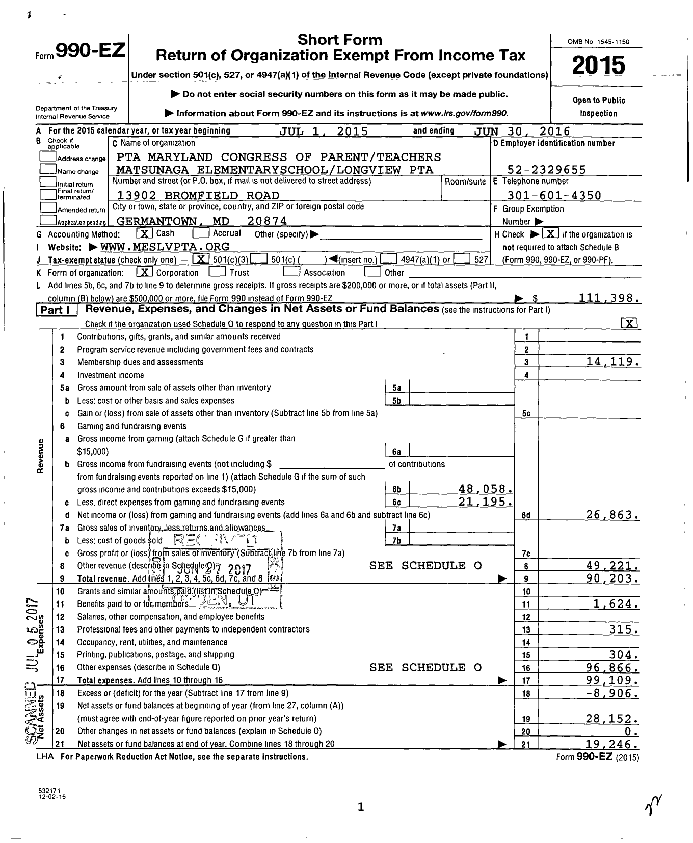 Image of first page of 2015 Form 990EZ for PTA Maryland Congress of Parents and Teachers Matsunaga Elementary School