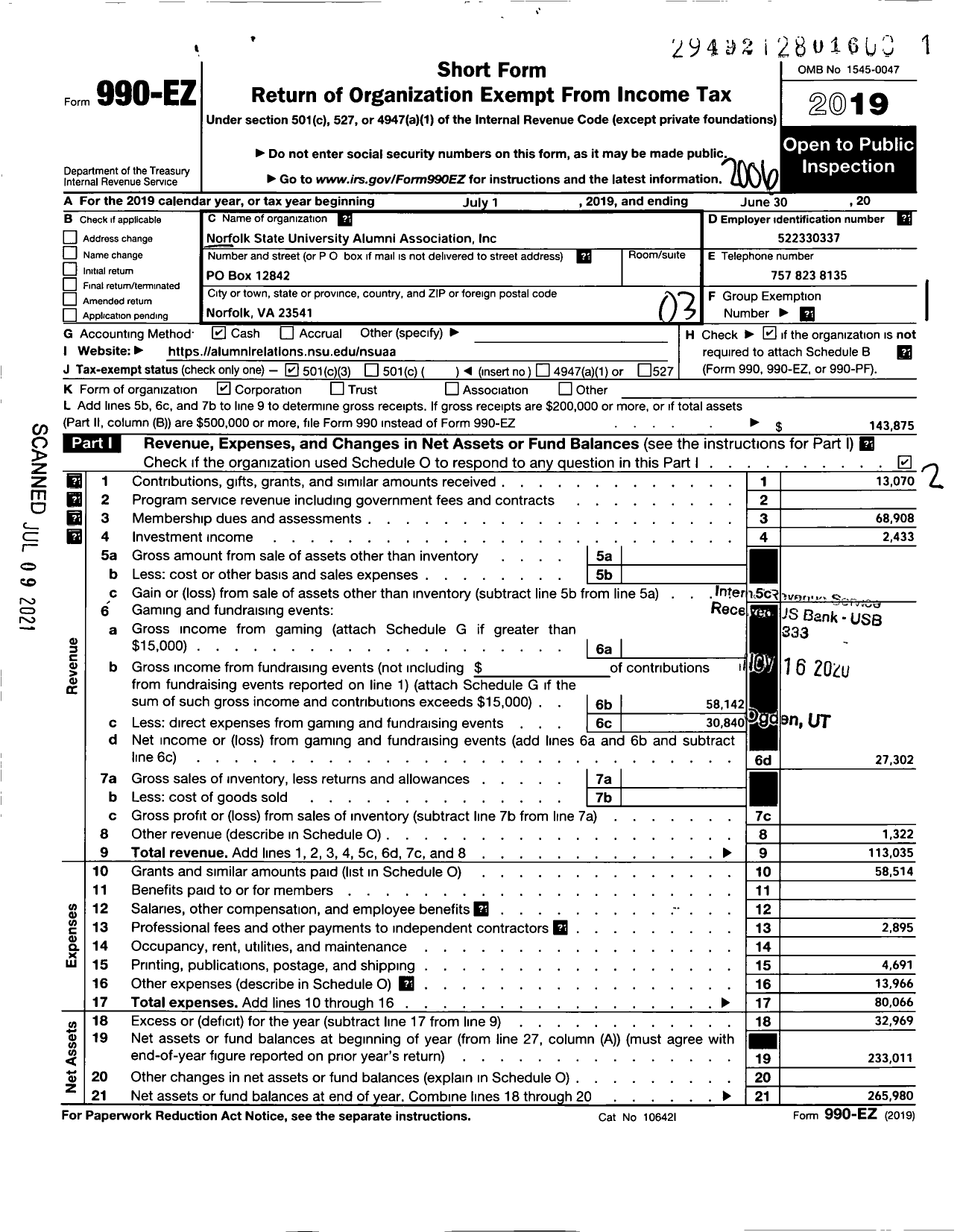 Image of first page of 2019 Form 990EZ for Norfolk State University Alumni Association Incorporated