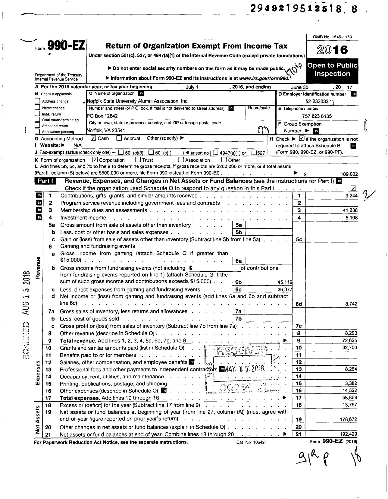 Image of first page of 2016 Form 990EZ for Norfolk State University Alumni Association Incorporated