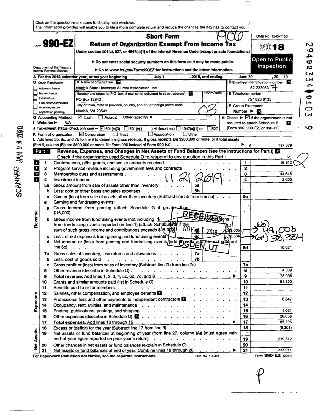 Image of first page of 2018 Form 990EZ for Norfolk State University Alumni Association Incorporated