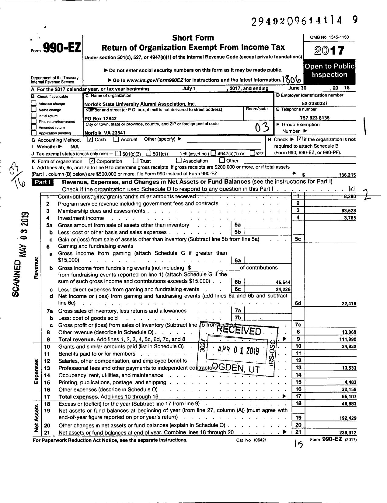 Image of first page of 2017 Form 990EZ for Norfolk State University Alumni Association Incorporated