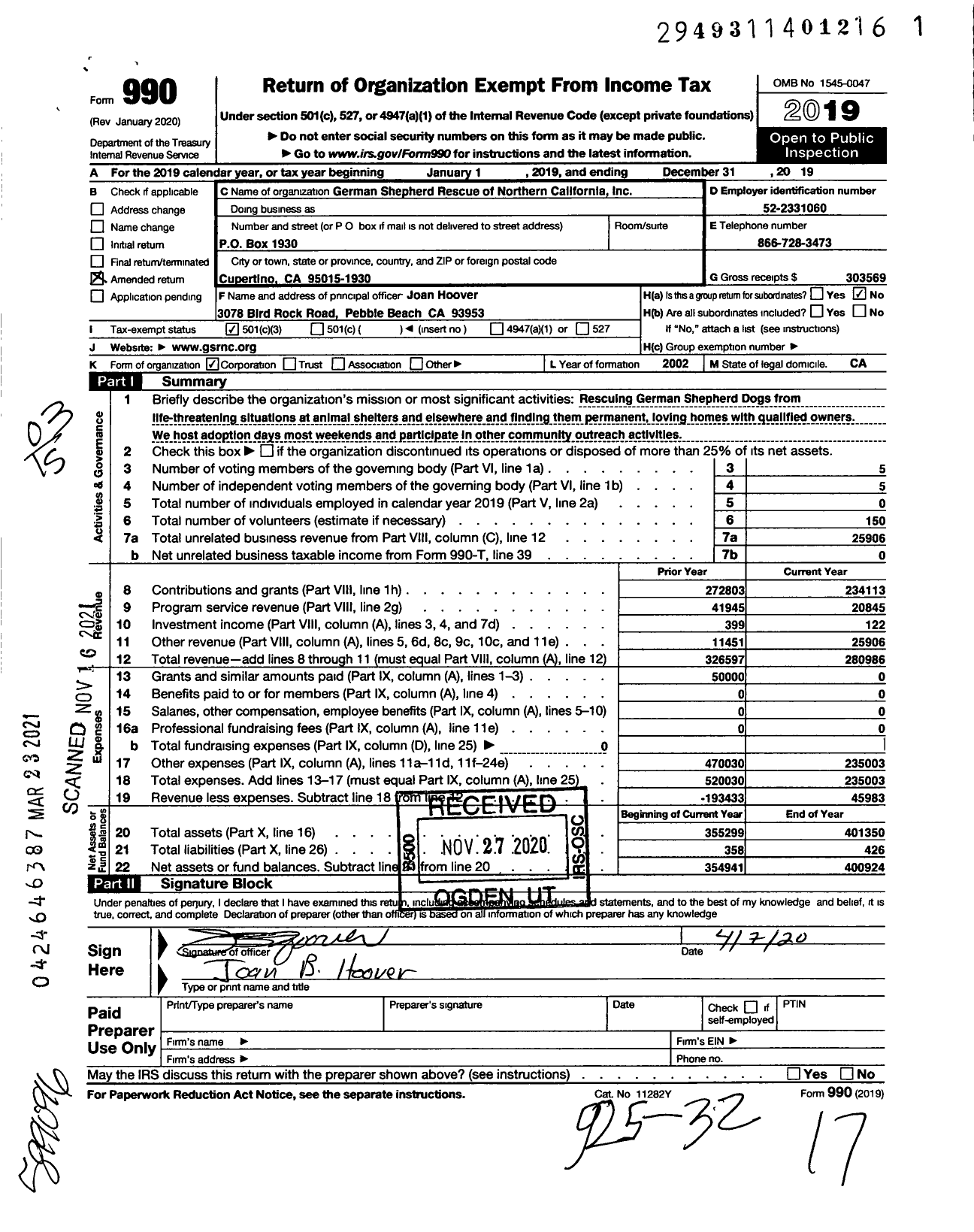 Image of first page of 2019 Form 990 for German Shepherd Rescue of Northern California