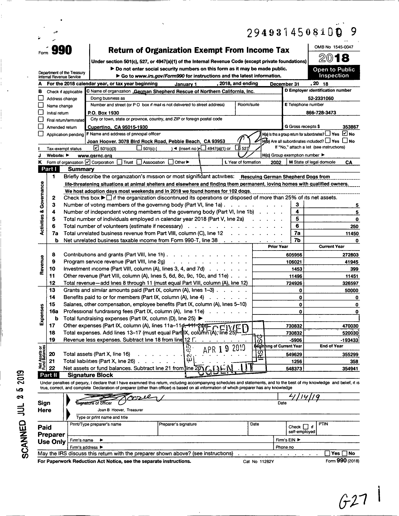 Image of first page of 2018 Form 990 for German Shepherd Rescue of Northern California