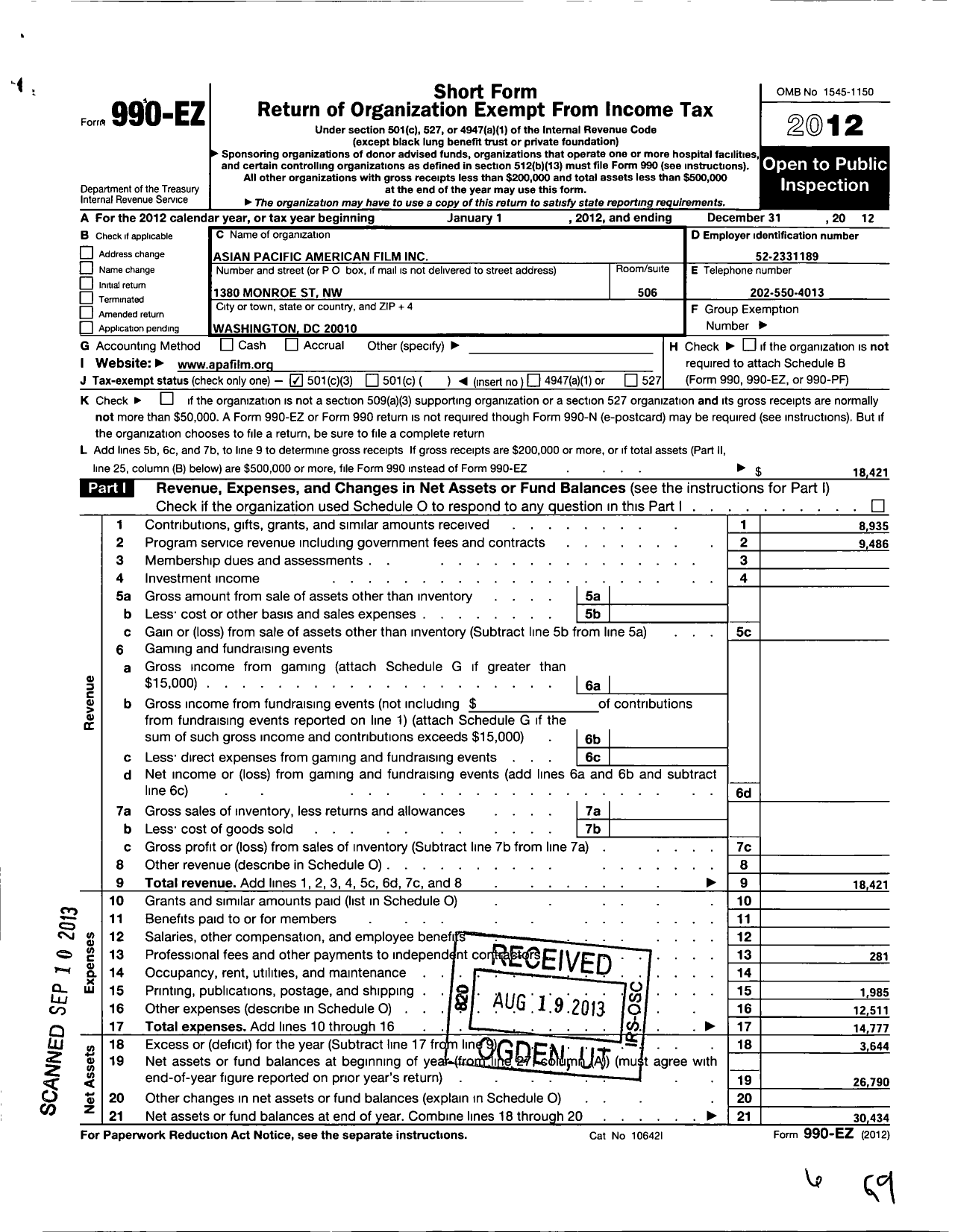 Image of first page of 2012 Form 990EZ for Asian Pacific American Film