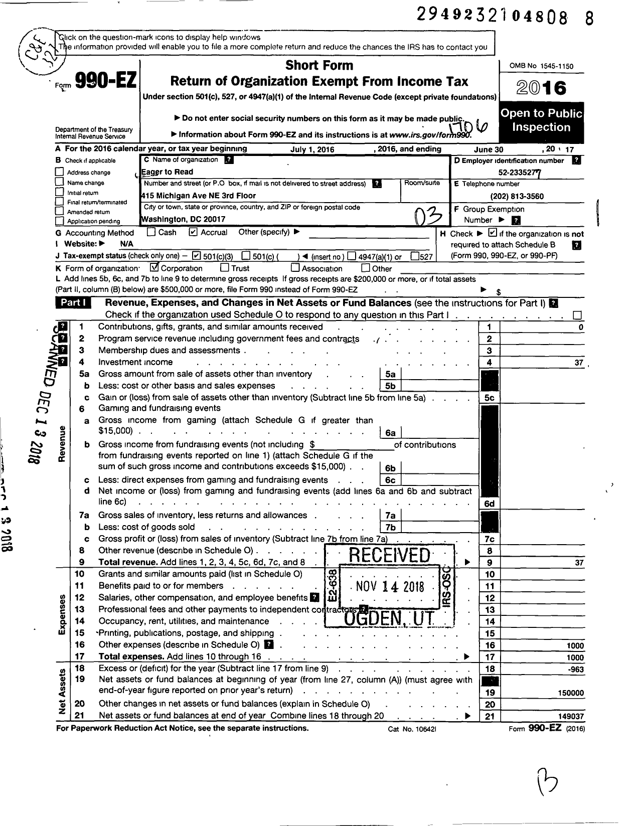 Image of first page of 2016 Form 990EZ for Eager To Read