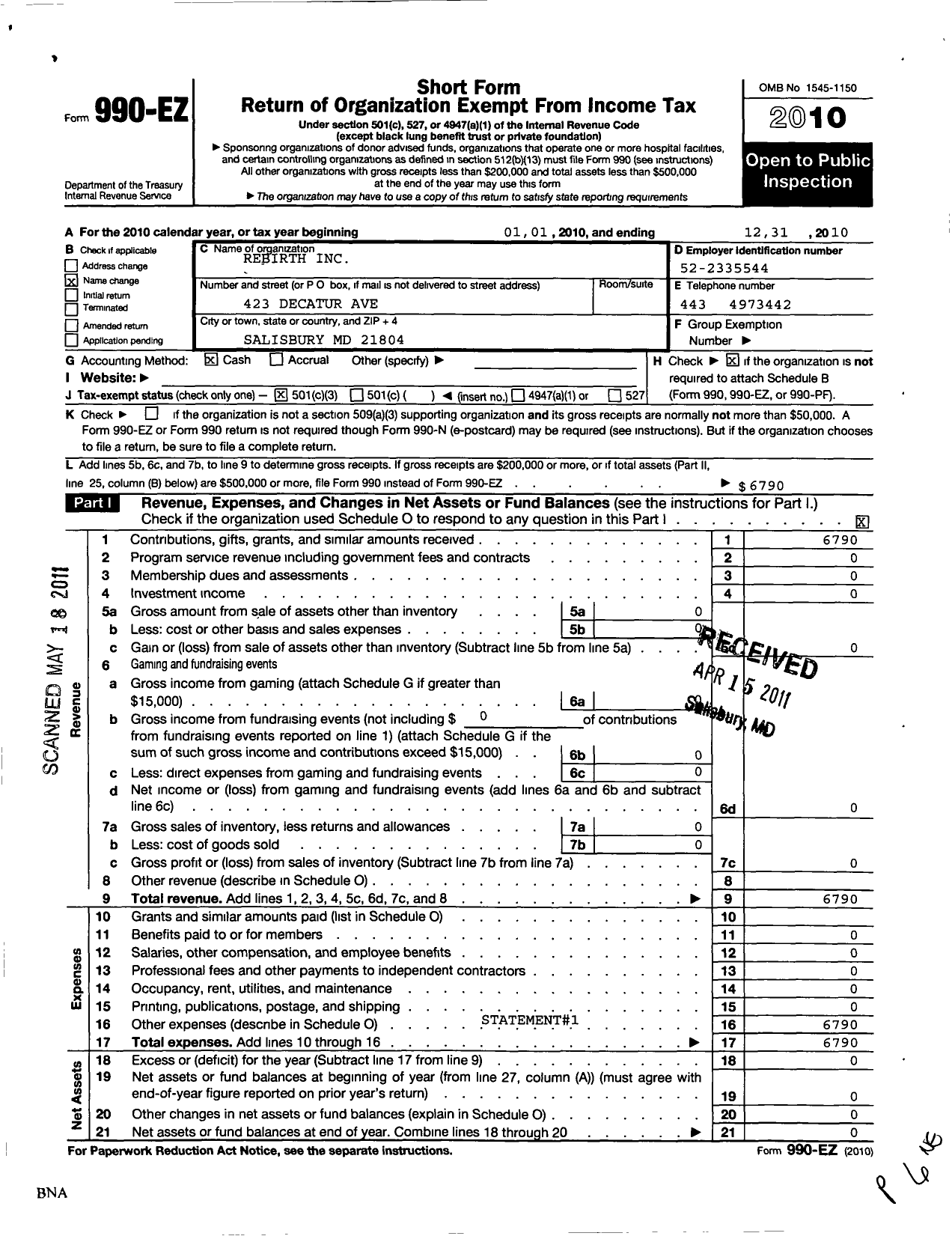 Image of first page of 2010 Form 990EZ for Rebirth / Humanitarian Organization for the de