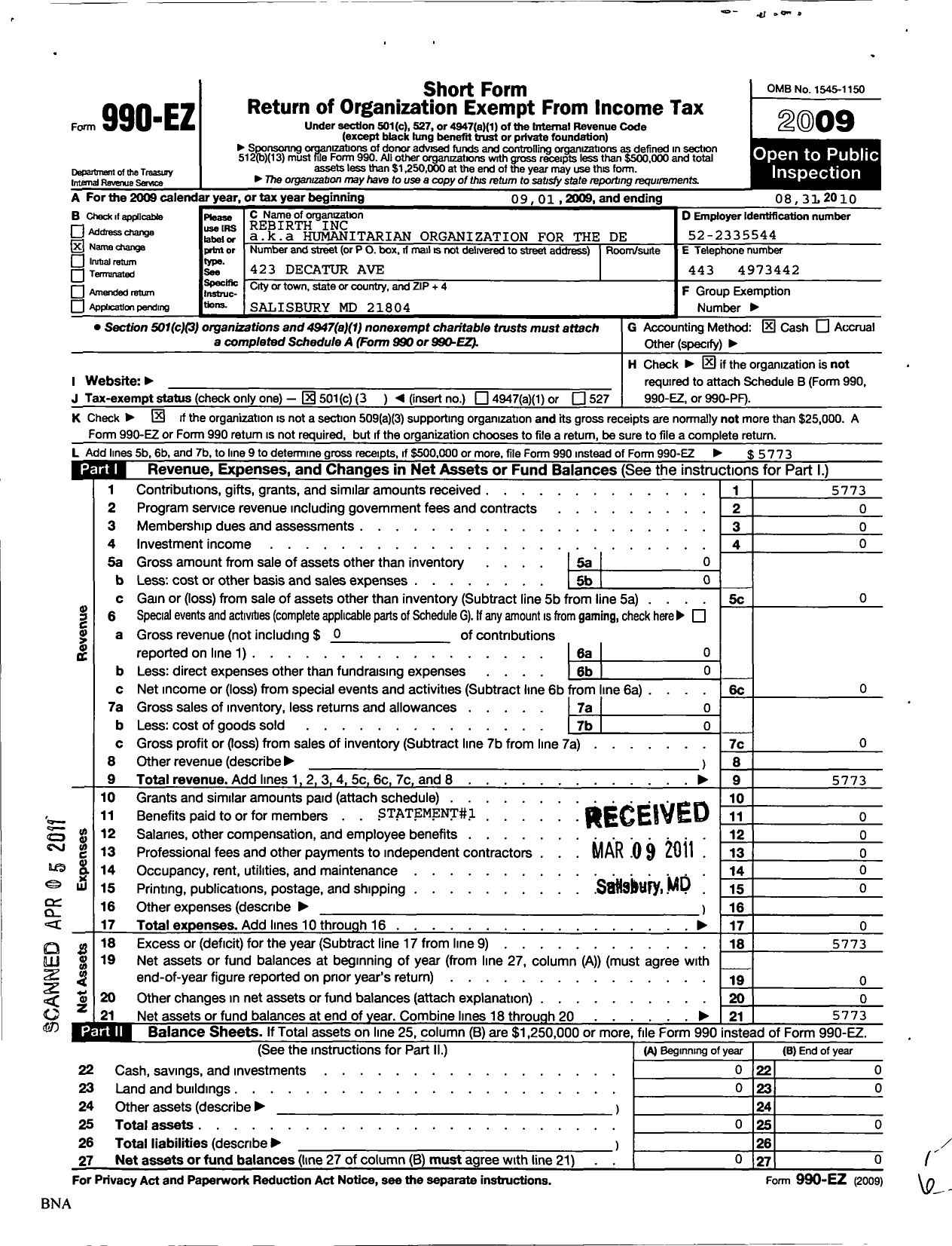 Image of first page of 2009 Form 990EZ for Rebirth / Humanitarian Organization for the de