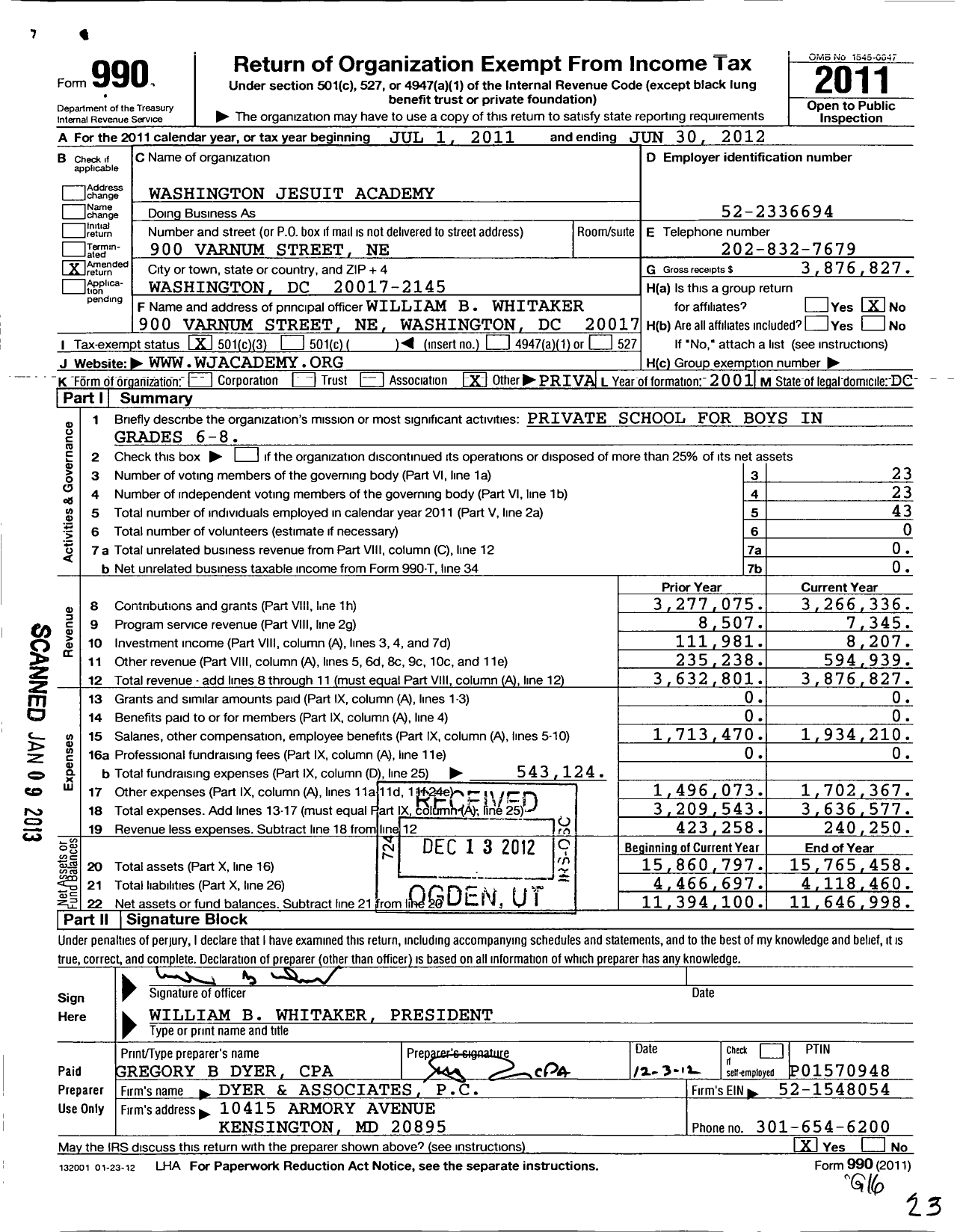 Image of first page of 2011 Form 990 for Washington Jesuit Academy