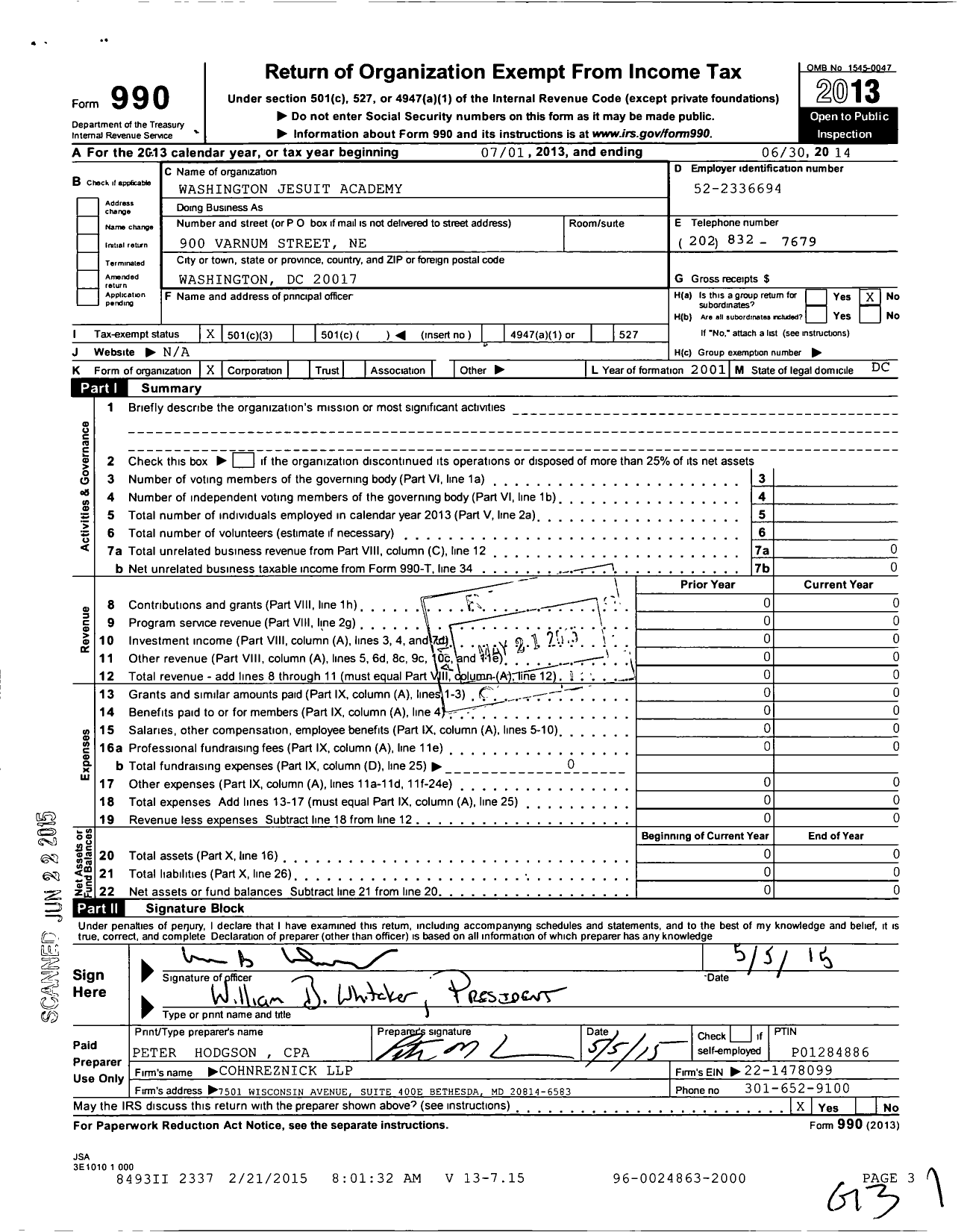 Image of first page of 2013 Form 990 for Washington Jesuit Academy